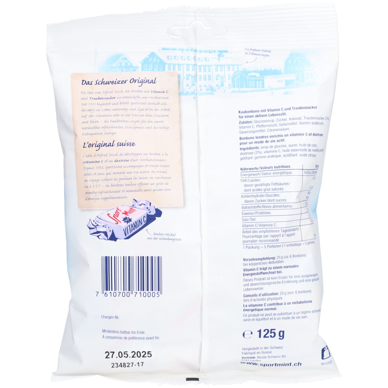 Rückseite der "SportMint"-Verpackung. Text in Deutsch und Französisch. Nährwertangaben und Barcode. Inhalt: 125 g.