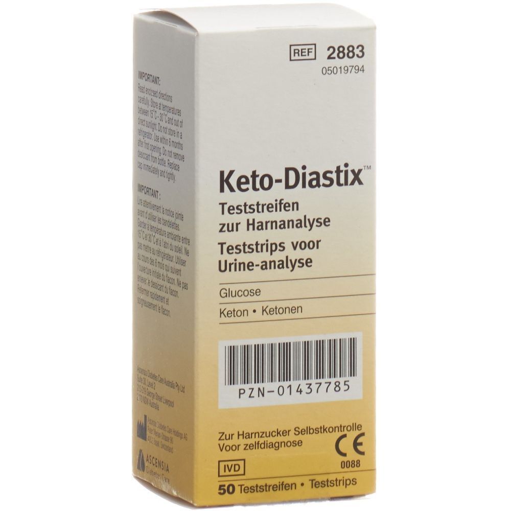 Keto-Diastix™ Teststreifen-Packung. Enthält 50 Teststreifen. Zur Harnanalyse für Glukose und Ketone.
