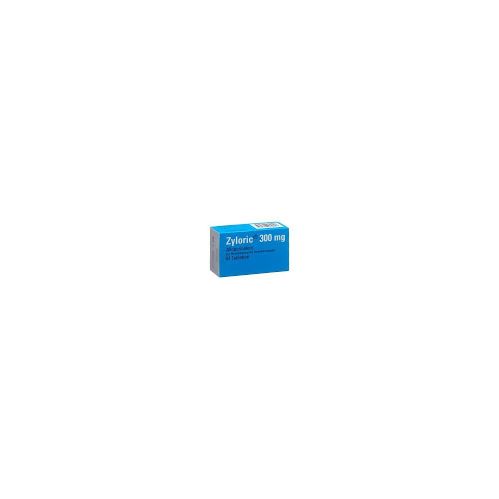 Boîte de médicament bleue avec l'inscription "Zyloric 300 mg".