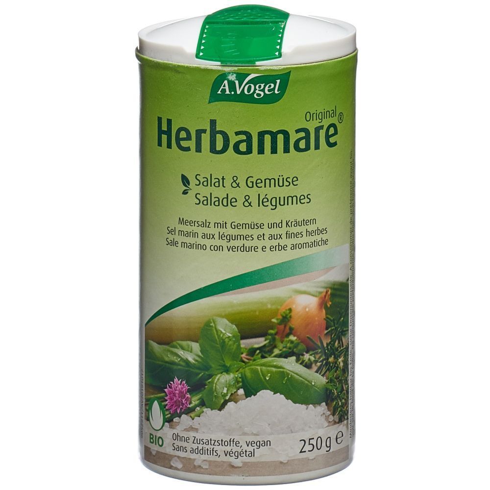 Boîte verte "A.Vogel Herbamare". Texte: Salade & légumes. 250g. Label bio. Herbes et sel.