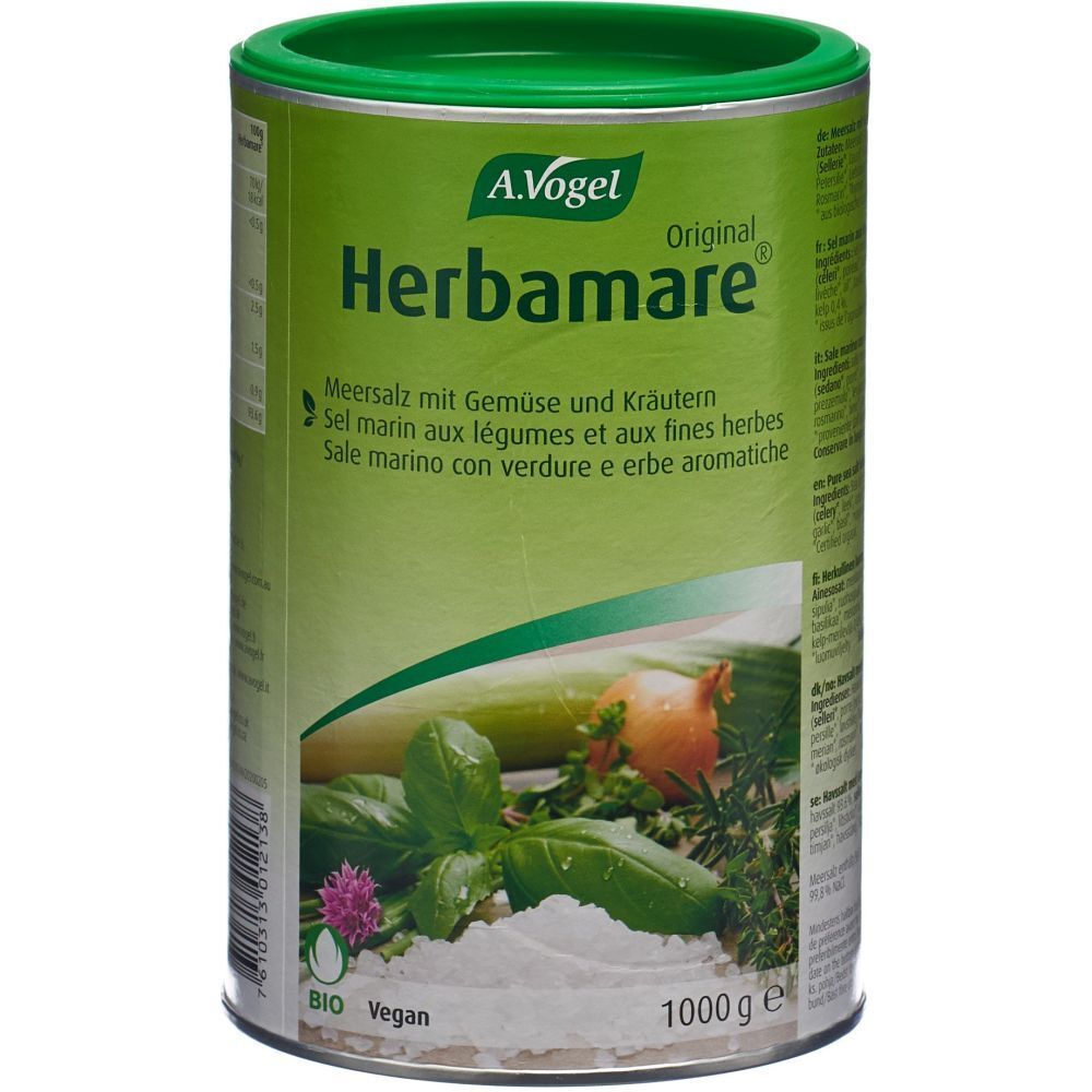 Boîte verte de sel aux herbes. Inscription: A.Vogel Herbamare. Ingrédients: sel marin, légumes, herbes. Labels bio et vegan.