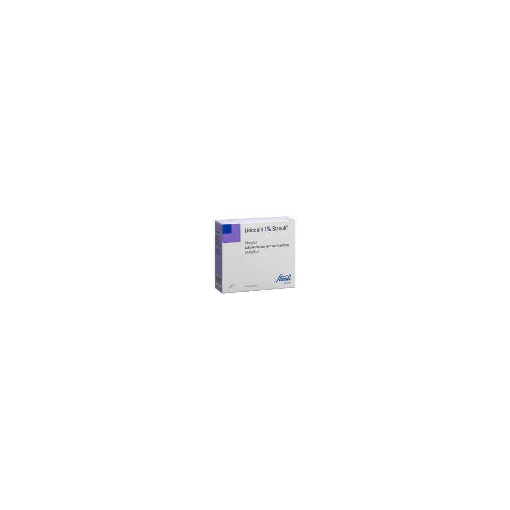 Karton mit Produktbeschriftung. Aufschrift: Lidocain 1% Streuli, 50 mg/5 ml. Herstellerlogo. Verpackung mit blauen und violetten Akzenten.