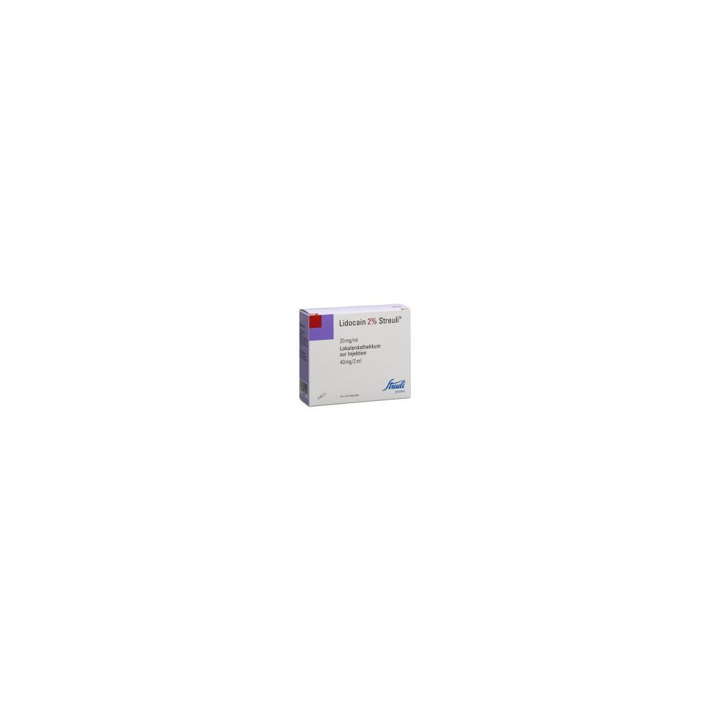 Karton mit Produktinformationen. Aufschrift: Lidocain 2% Streuli, 40 mg/2 ml. Lila und rote Akzente.