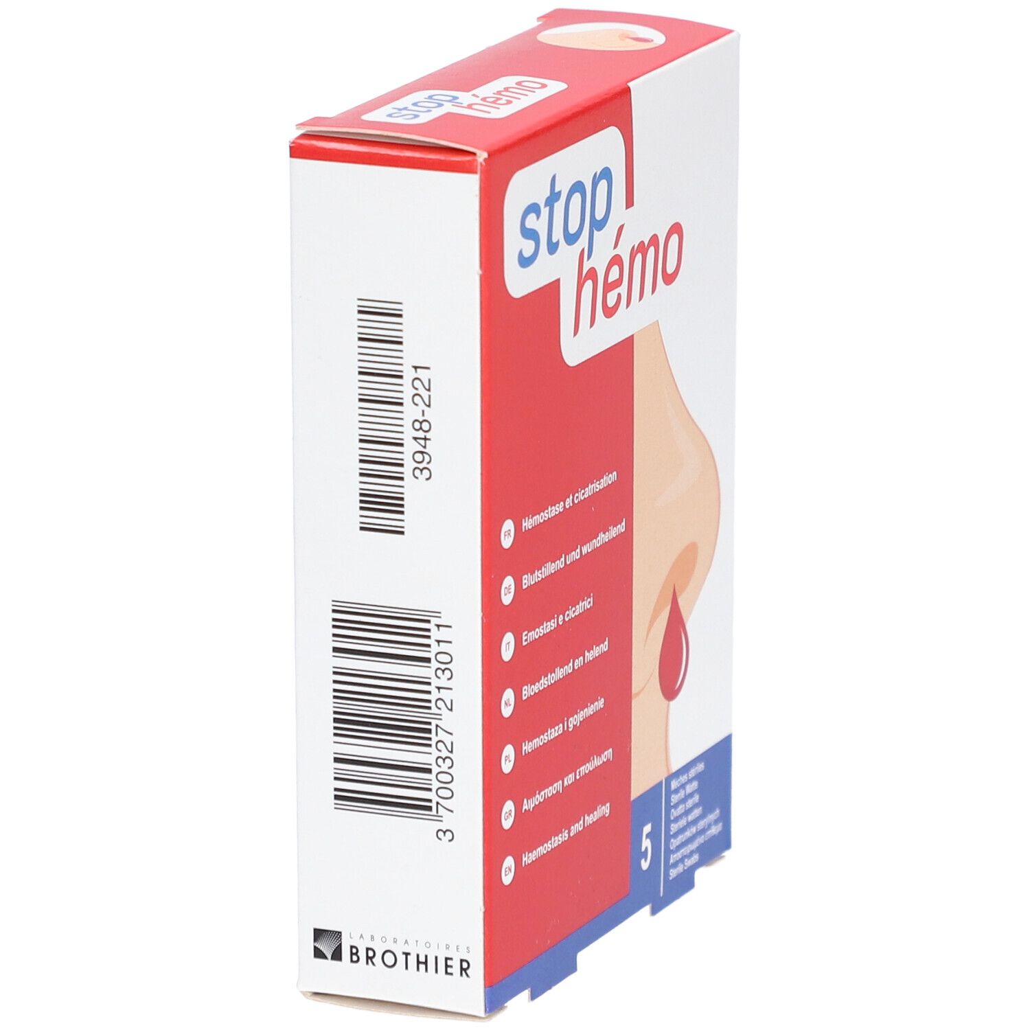 Vue latérale de la boîte "stop hémo". Code-barres et logo Brothier.