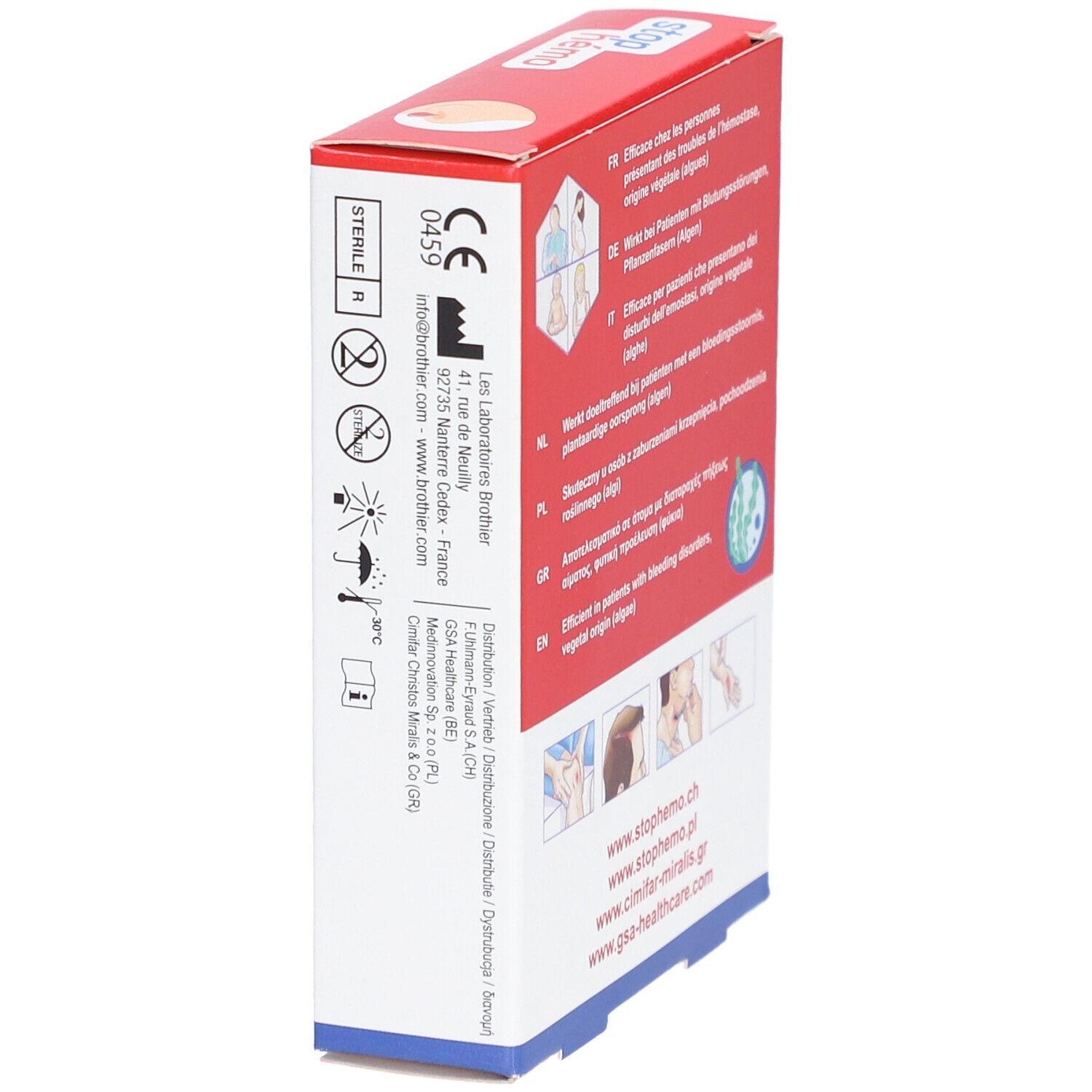 Vue latérale de la boîte "stop hémo". Informations et logos.