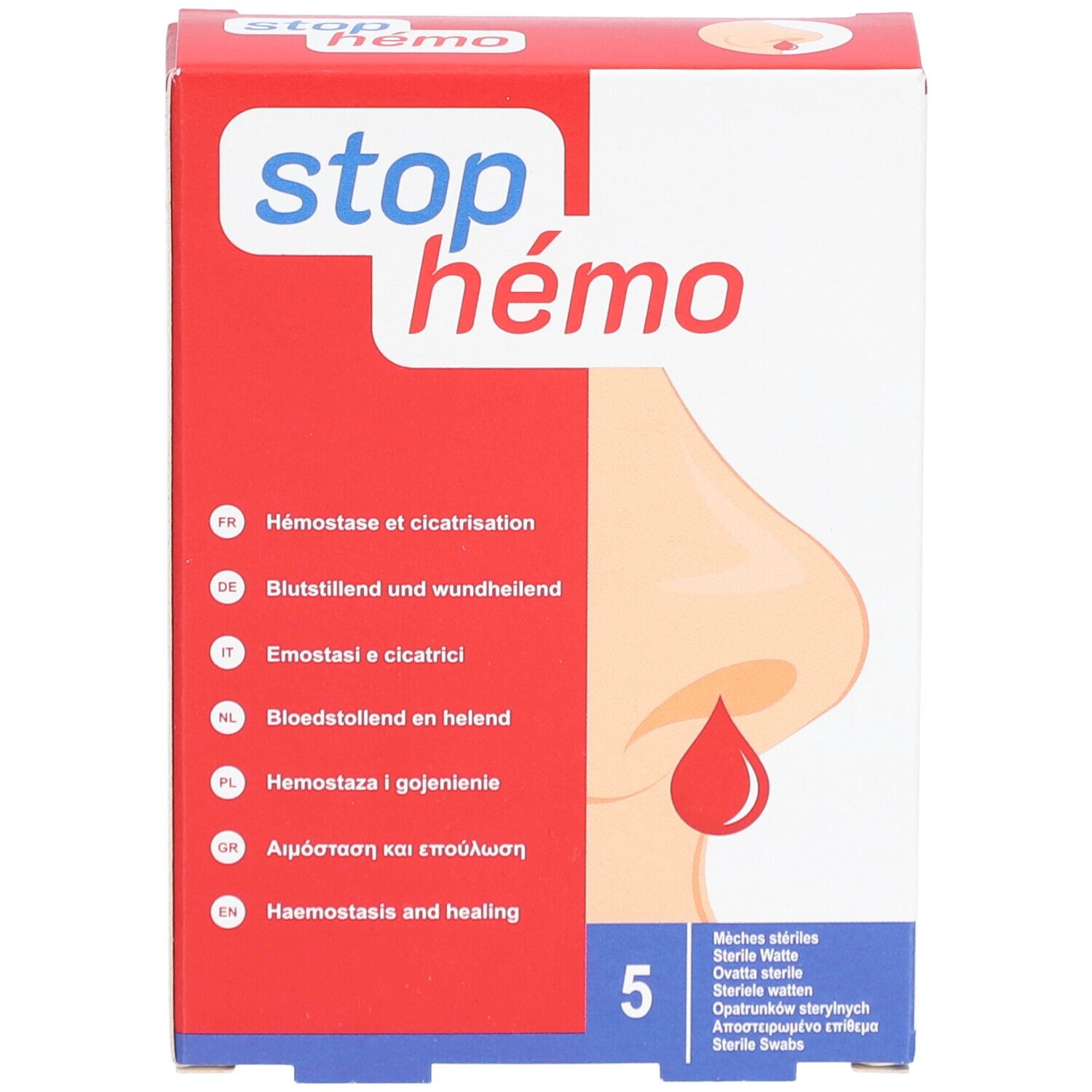 Vue de face de la boîte "stop hémo". Logo, nez avec goutte et nombre.