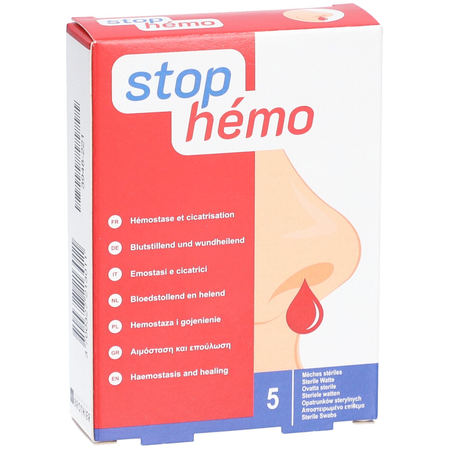 Vue de face de la boîte "stop hémo". Logo, nez avec goutte et nombre.