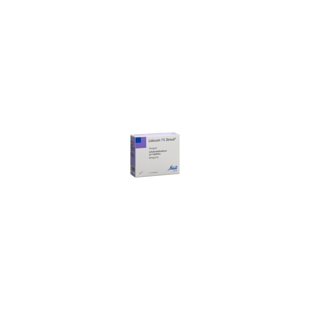 Karton mit Produktbeschriftung. Aufschrift: Lidocain 1% Streuli, 20 mg/2ml. Einzel-Ampullen zur Injektion. Herstellerlogo.