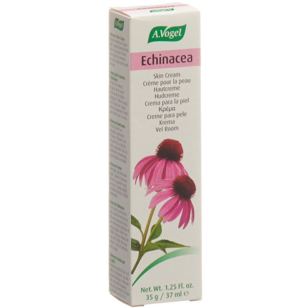 Boîte de crème A. Vogel Echinacea. Nom du produit et illustration de fleurs d'échinacée visibles.