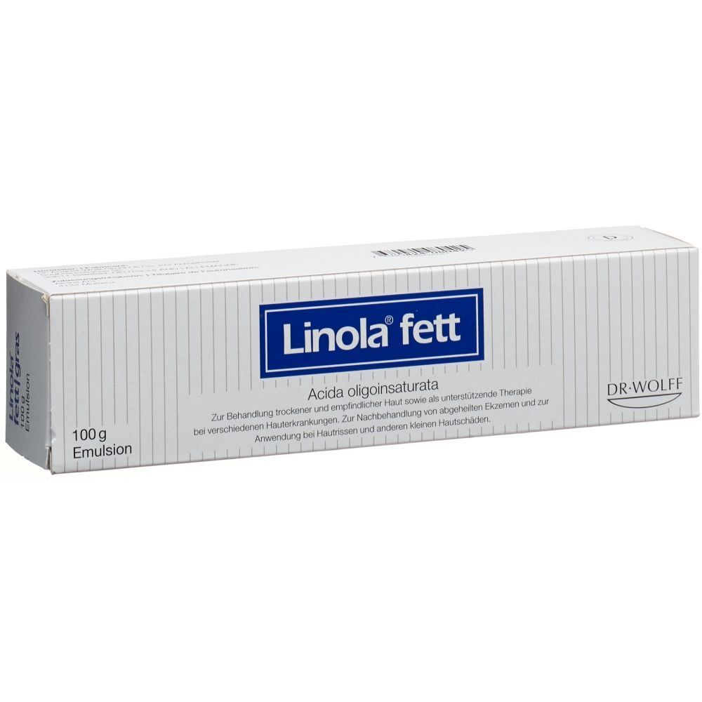 Weiße Faltschachtel mit blauer Schrift. Aufschrift: Linola fett, 100g Emulsion. Hersteller: Dr. Wolff.