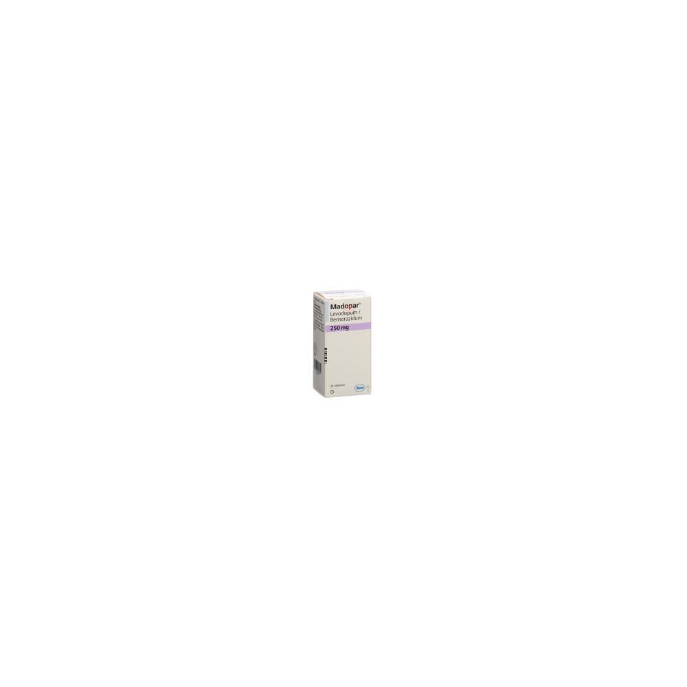 Boîte de MADOPAR Tabl 250 mg. Blanche, avec texte violet et noir. Nom du produit et dosage visibles.