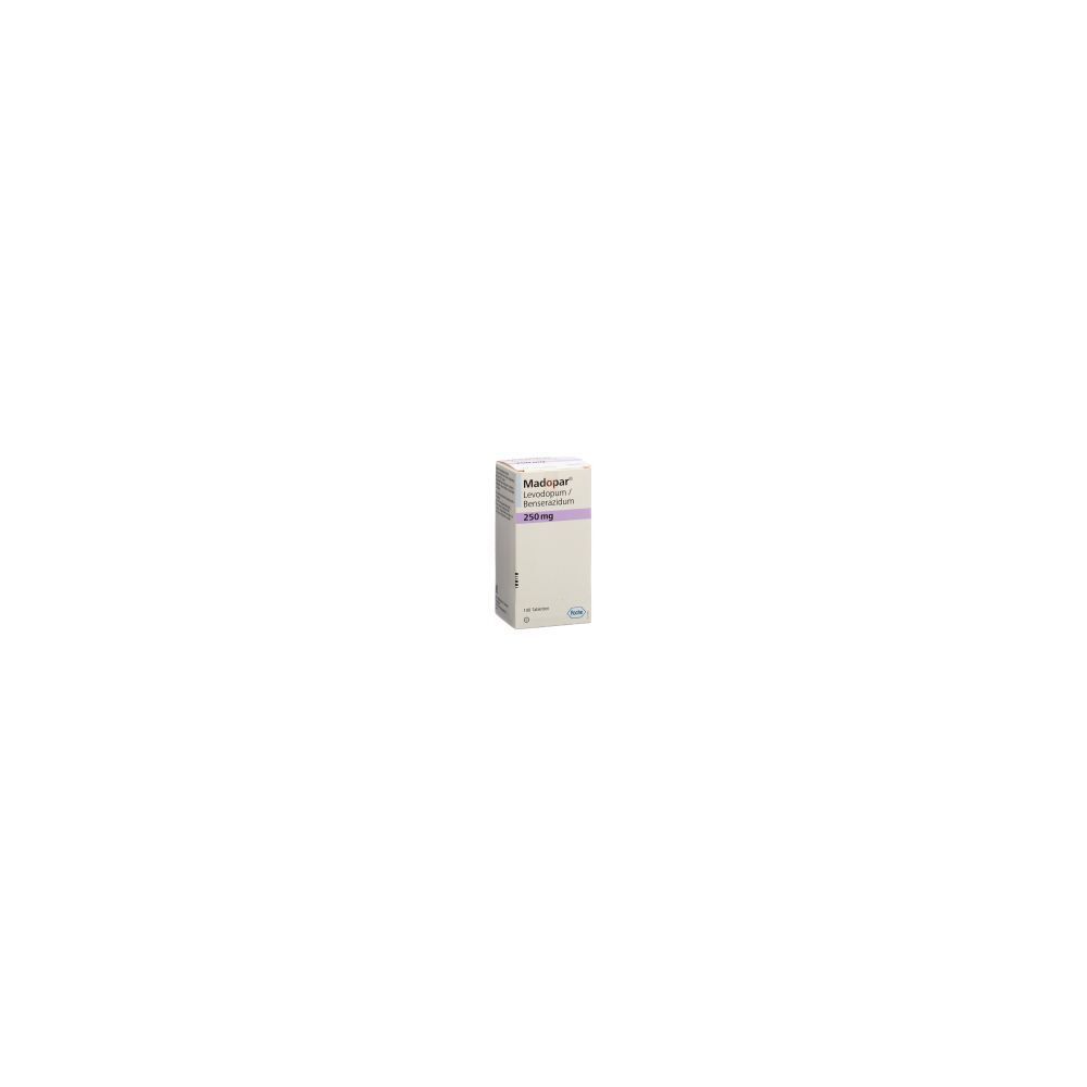 Karton von MADOPAR Tabl 250 mg. Aufschrift: Madopar, 250 mg. Verpackung in Weiß und Lila.