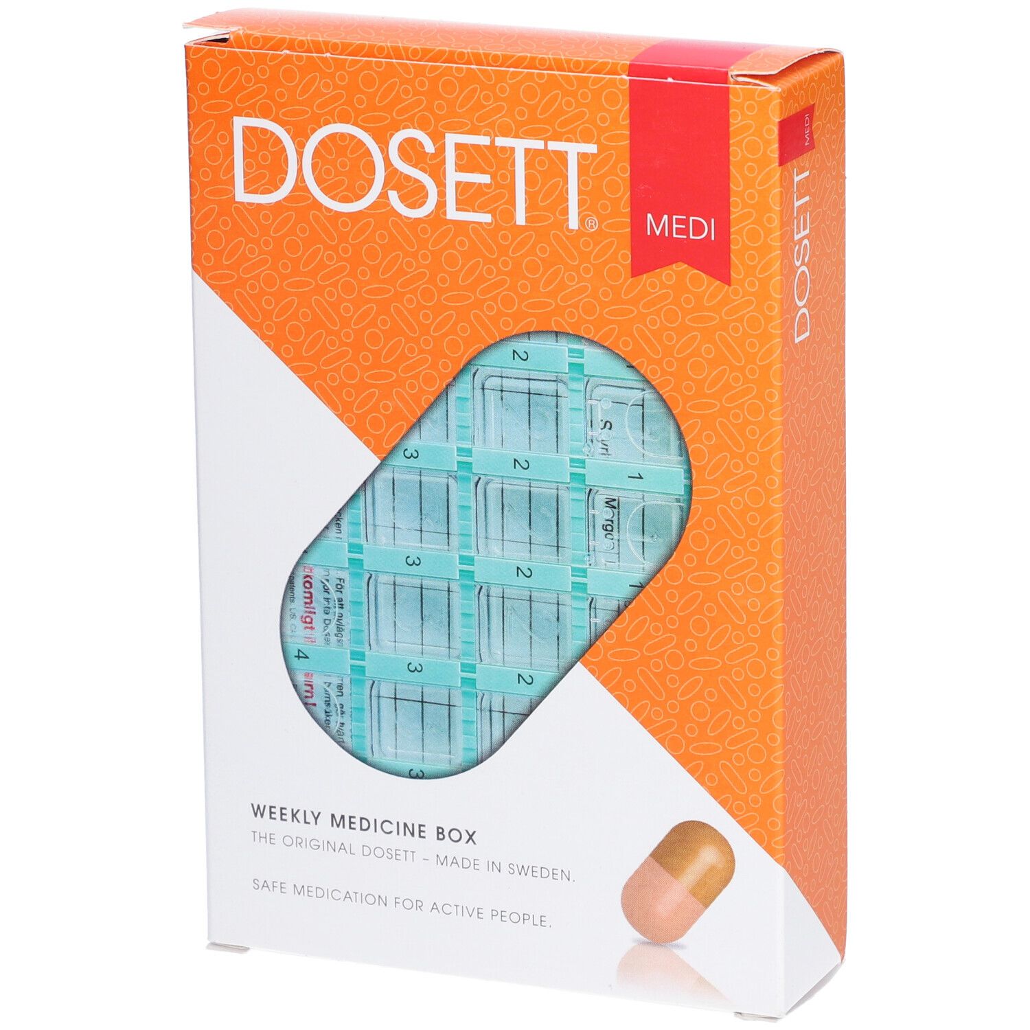 Pillenbox in Verpackung. Sichtbar: DOSETT, Medi. Wochenbox mit Fächern. Orange-weiße Verpackung. Pillen-Icon.