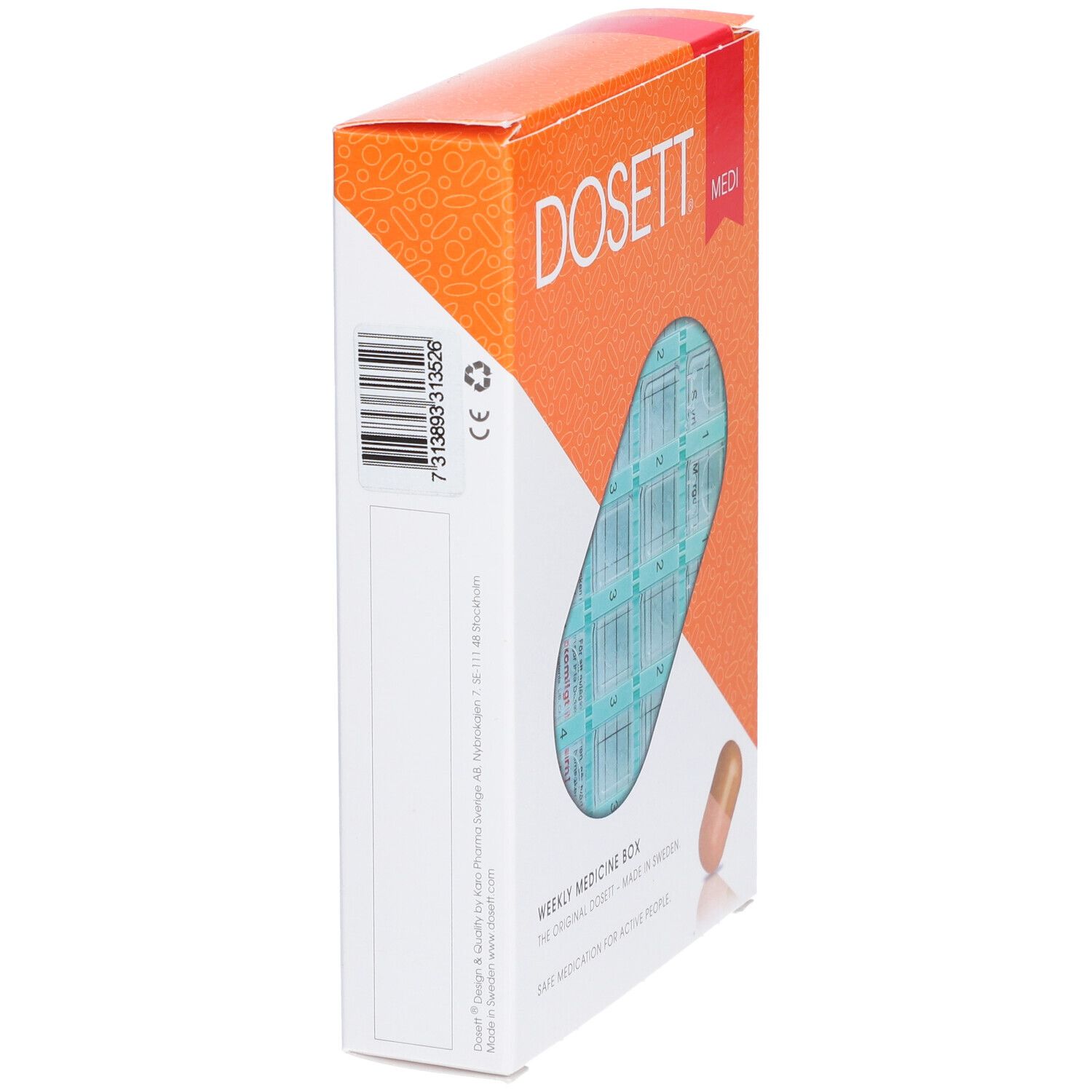 Seitenansicht der Pillenbox-Verpackung. DOSETT, Medi. Barcode und Text. Pillen-Icon. Orange-weiße Verpackung.