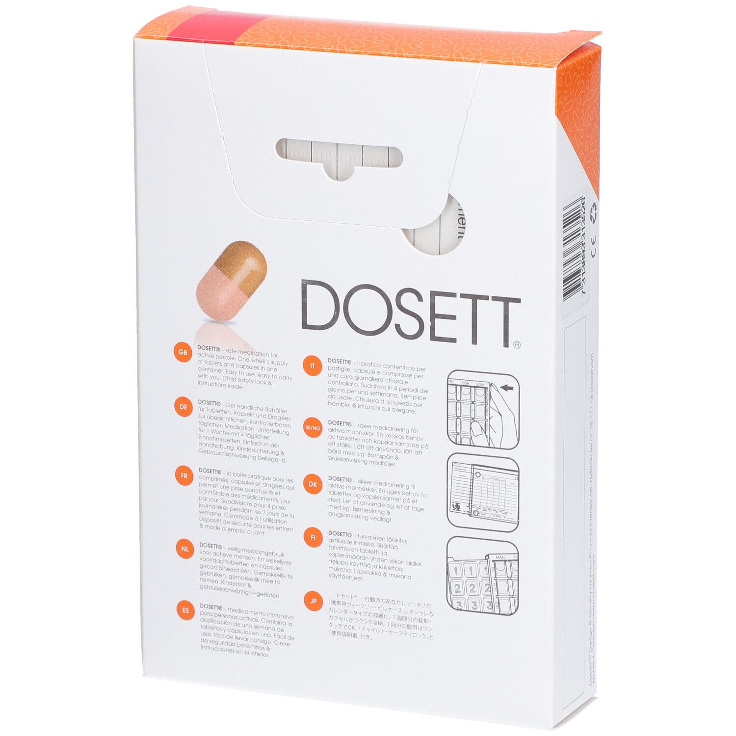 Rückseite der Pillenbox-Verpackung. DOSETT. Text und Piktogramme. Pillen-Icon. Orange-weiße Verpackung.