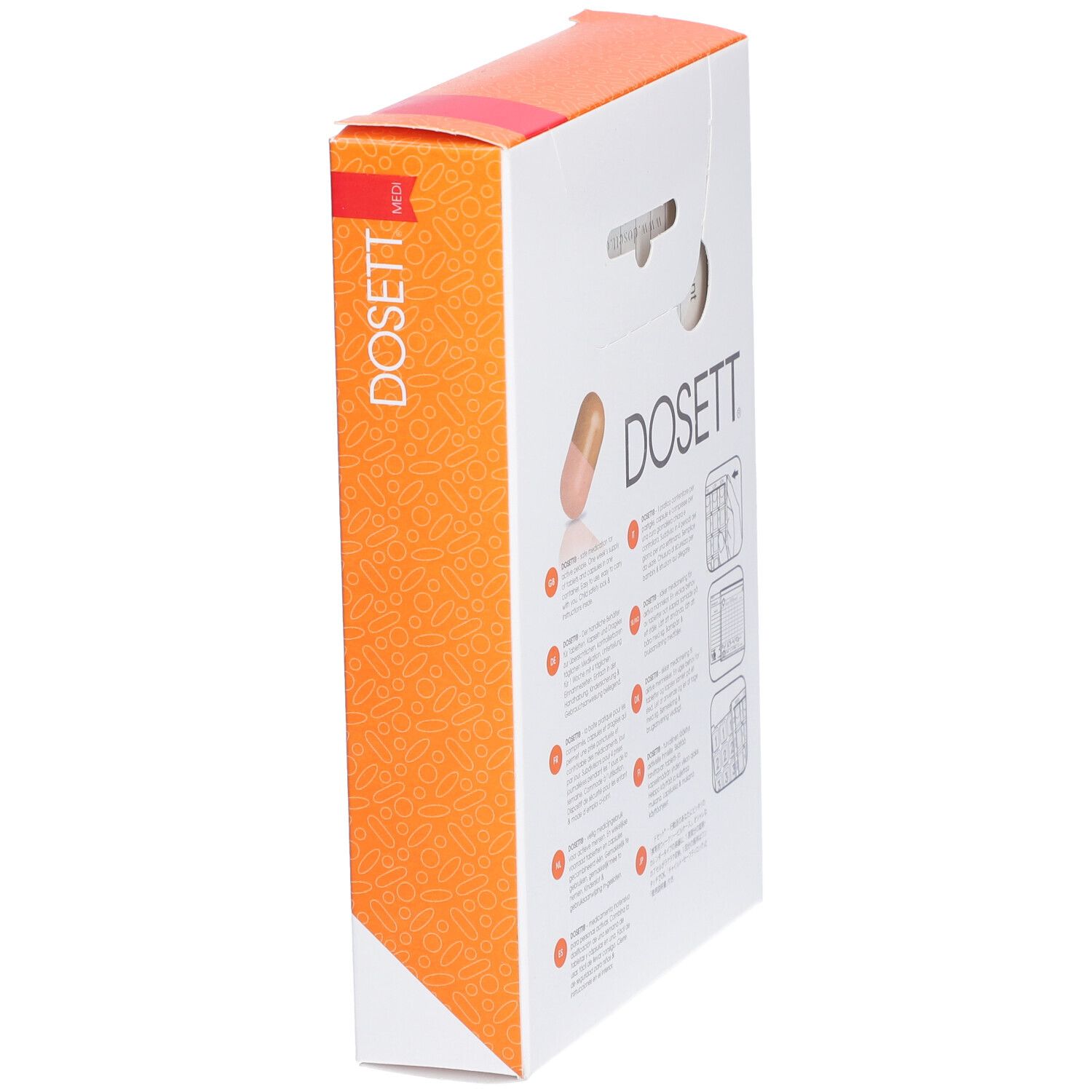 Seitenansicht der Pillenbox-Verpackung. DOSETT, Medi. Text und Piktogramme. Pillen-Icon. Orange-weiße Verpackung.