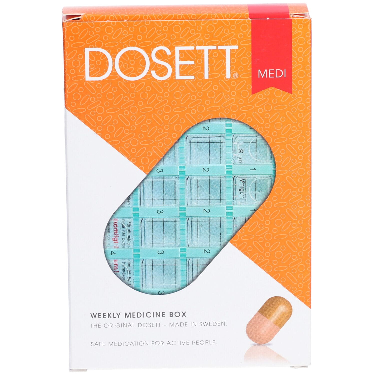 Pillenbox in Verpackung. Sichtbar: DOSETT, Medi. Wochenbox mit Fächern. Orange-weiße Verpackung. Pillen-Icon.