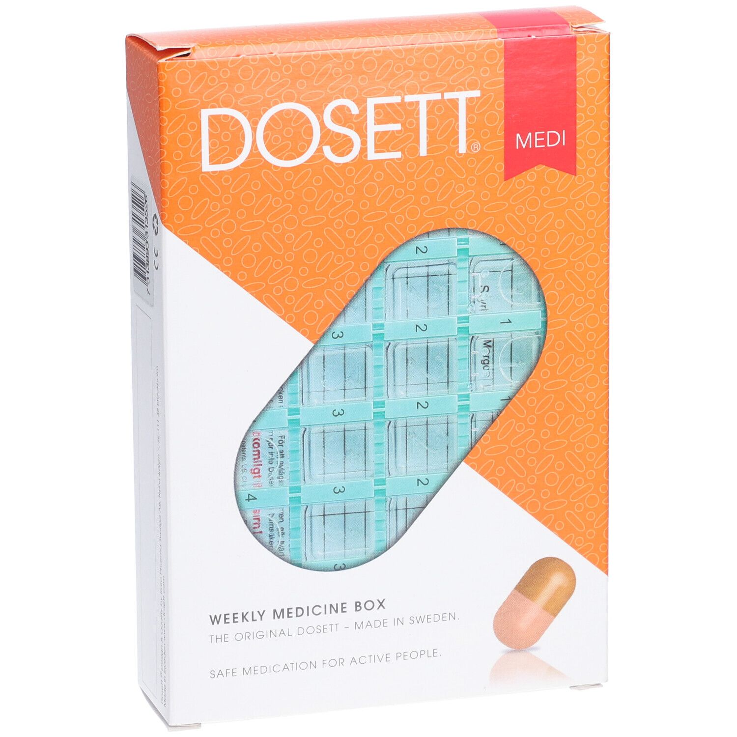 Pillenbox in Verpackung. Sichtbar: DOSETT, Medi. Wochenbox mit Fächern. Orange-weiße Verpackung. Pillen-Icon.