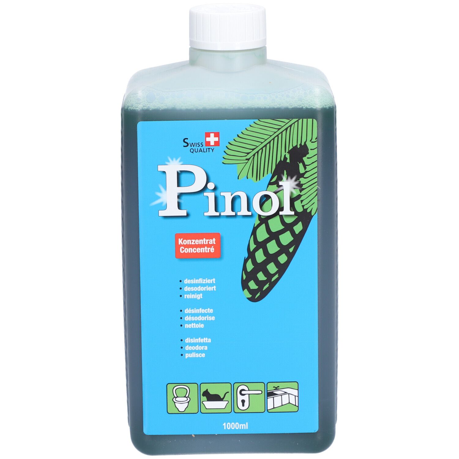Rechteckige Flasche mit grünlicher Flüssigkeit. Aufschrift "Pinol Konzentrat". Schweizer Kreuz. 1000ml.