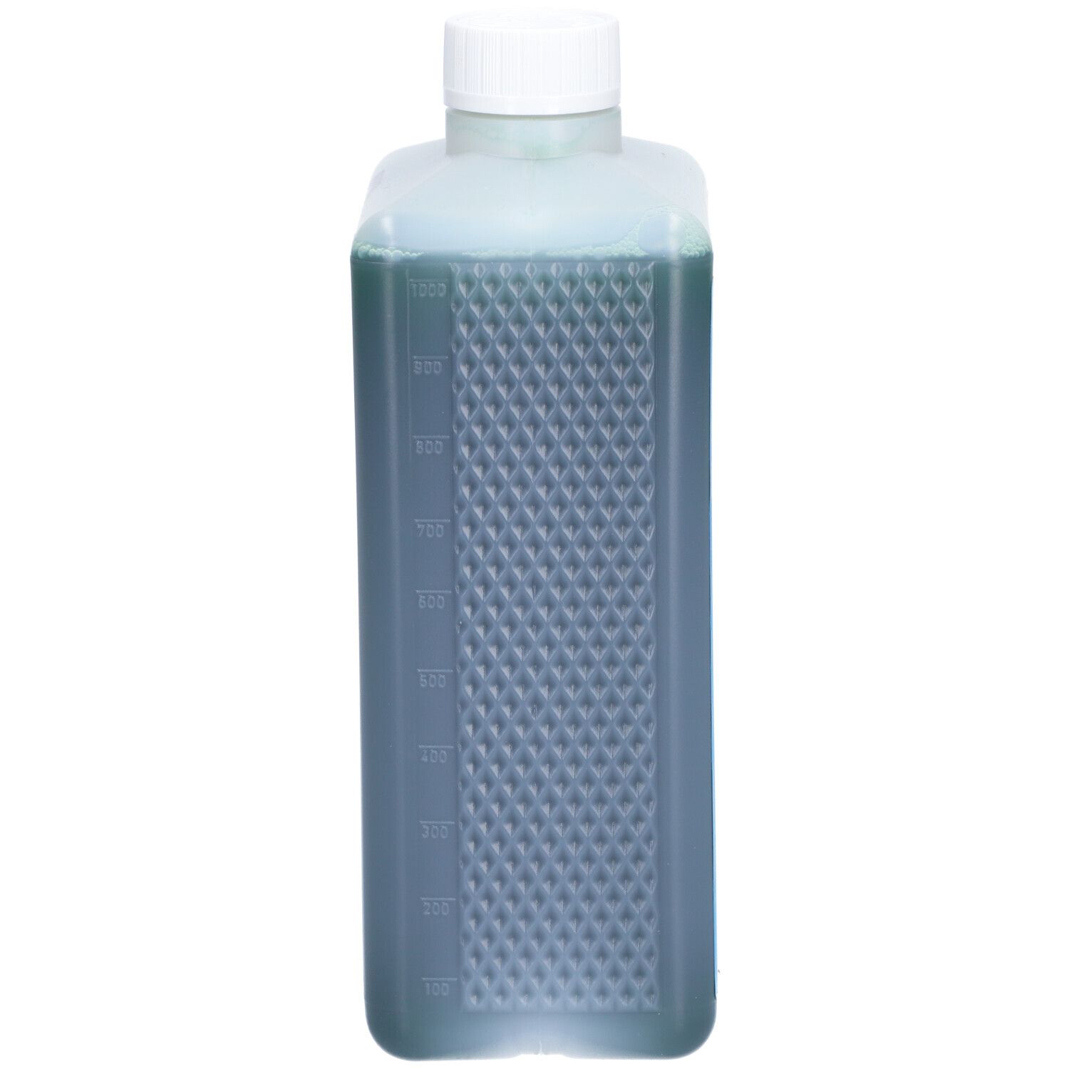 Rechteckige Flasche mit grünlicher Flüssigkeit. Weiße Kappe. Skala an der Seite. Geriffelte Oberfläche.