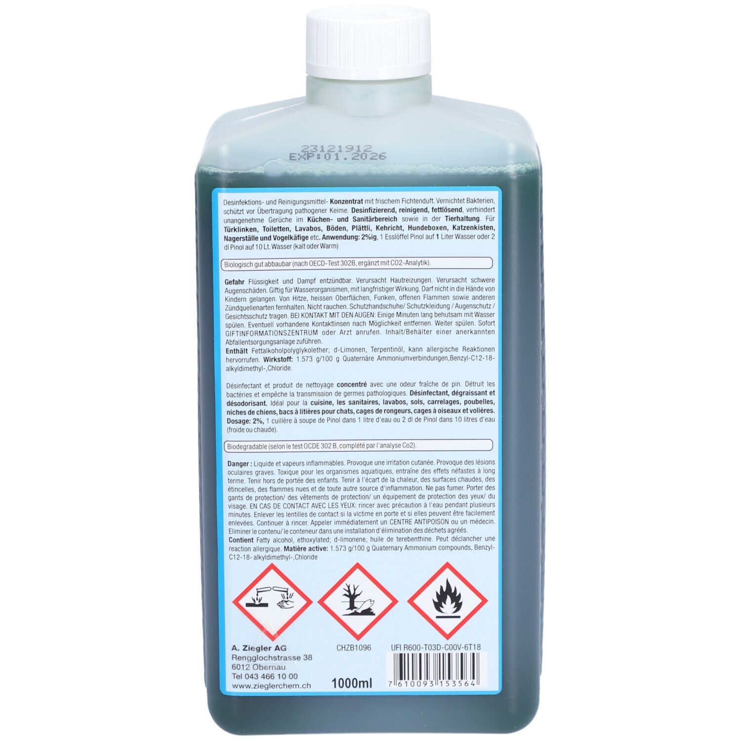 Rückseite der Flasche. Text in mehreren Sprachen. Gefahrensymbole. 1000ml. Ablaufdatum.
