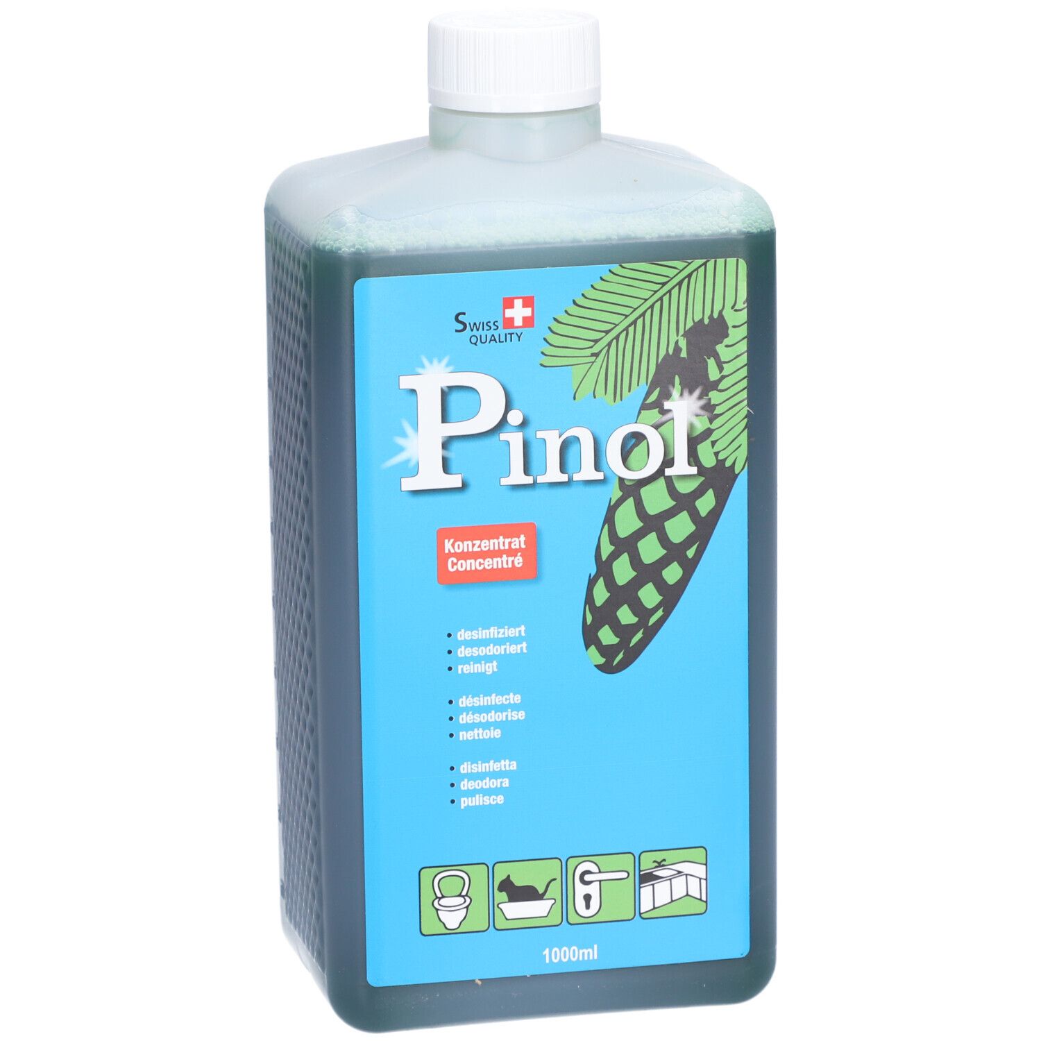 Rechteckige Flasche mit grünlicher Flüssigkeit. Aufschrift "Pinol Konzentrat". Schweizer Kreuz. 1000ml.