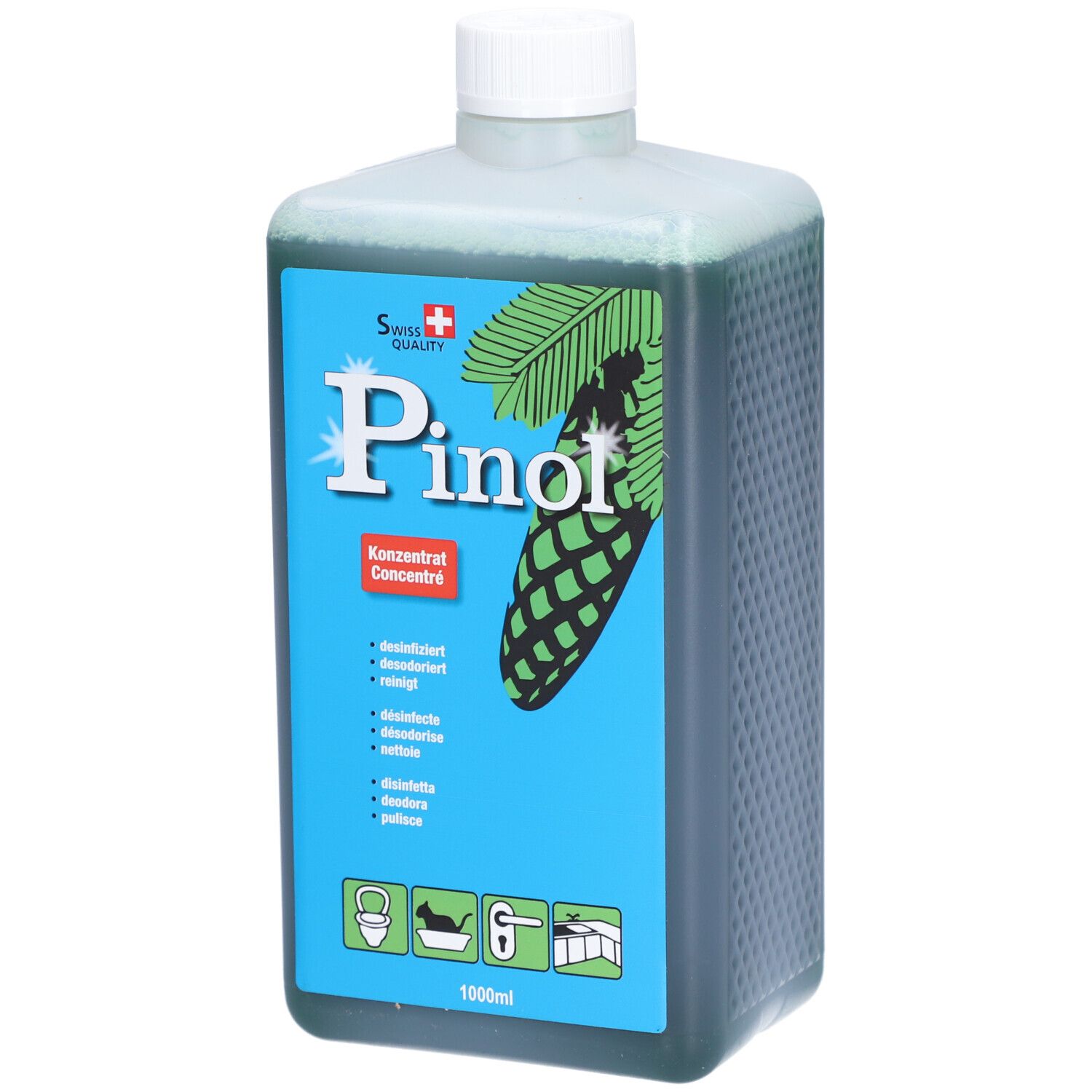 Rechteckige Flasche mit grünlicher Flüssigkeit. Aufschrift "Pinol Konzentrat". Schweizer Kreuz. 1000ml.