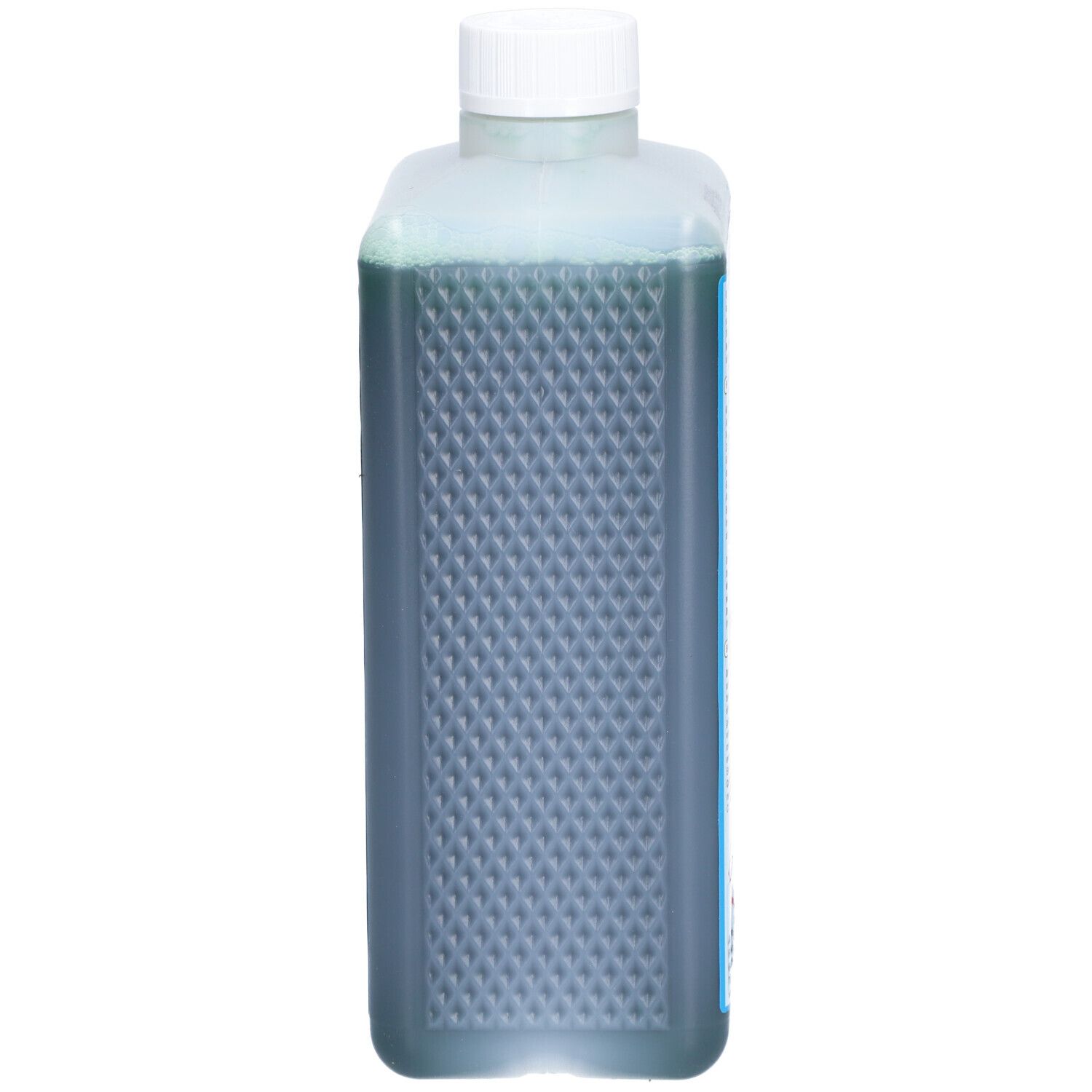 Rechteckige Flasche mit grünlicher Flüssigkeit. Weiße Kappe. Geriffelte Oberfläche.
