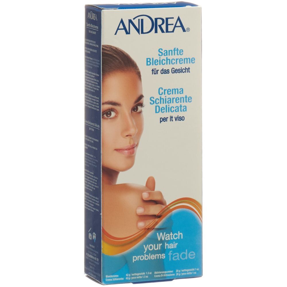 Verpackung von ANDREA® Milde Bleichcreme. Sanfte Bleichcreme für das Gesicht. Creme Schiarente Delicata per it viso.
