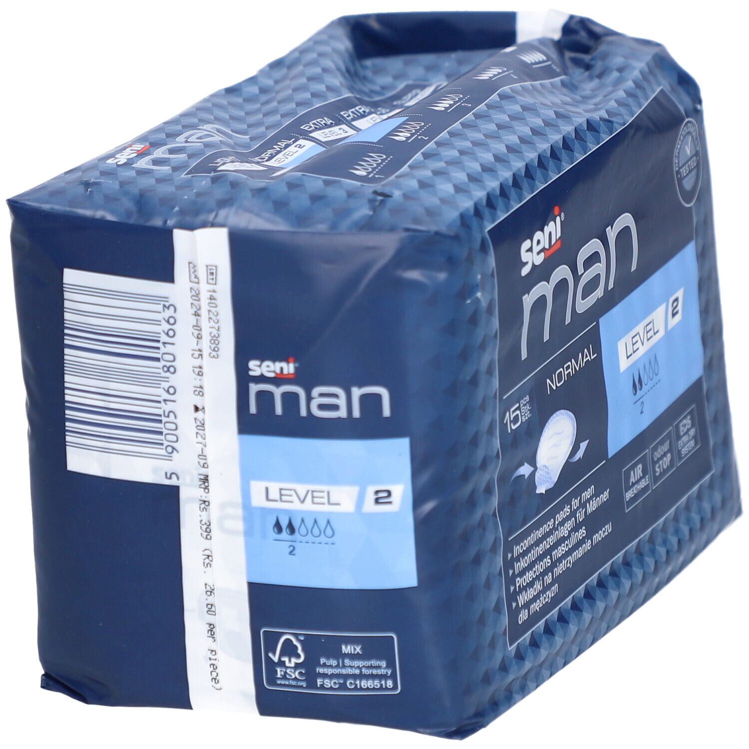 Verpackung Seni Man Normal Level 2. Blaue Verpackung mit Produktinformationen und Logo.