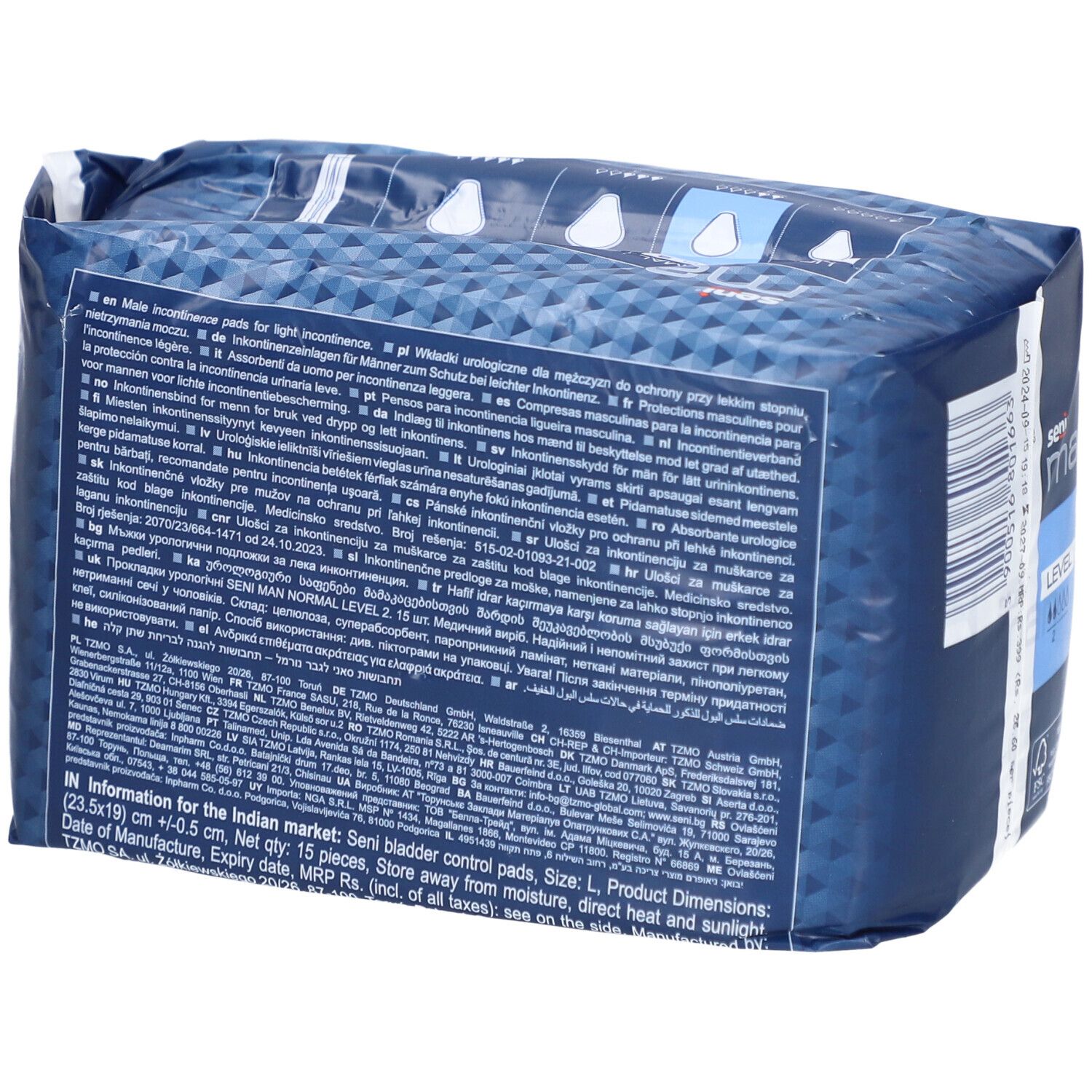 Rückseite der Seni Man Normal Level 2 Verpackung. Mehrsprachige Produktinformationen.