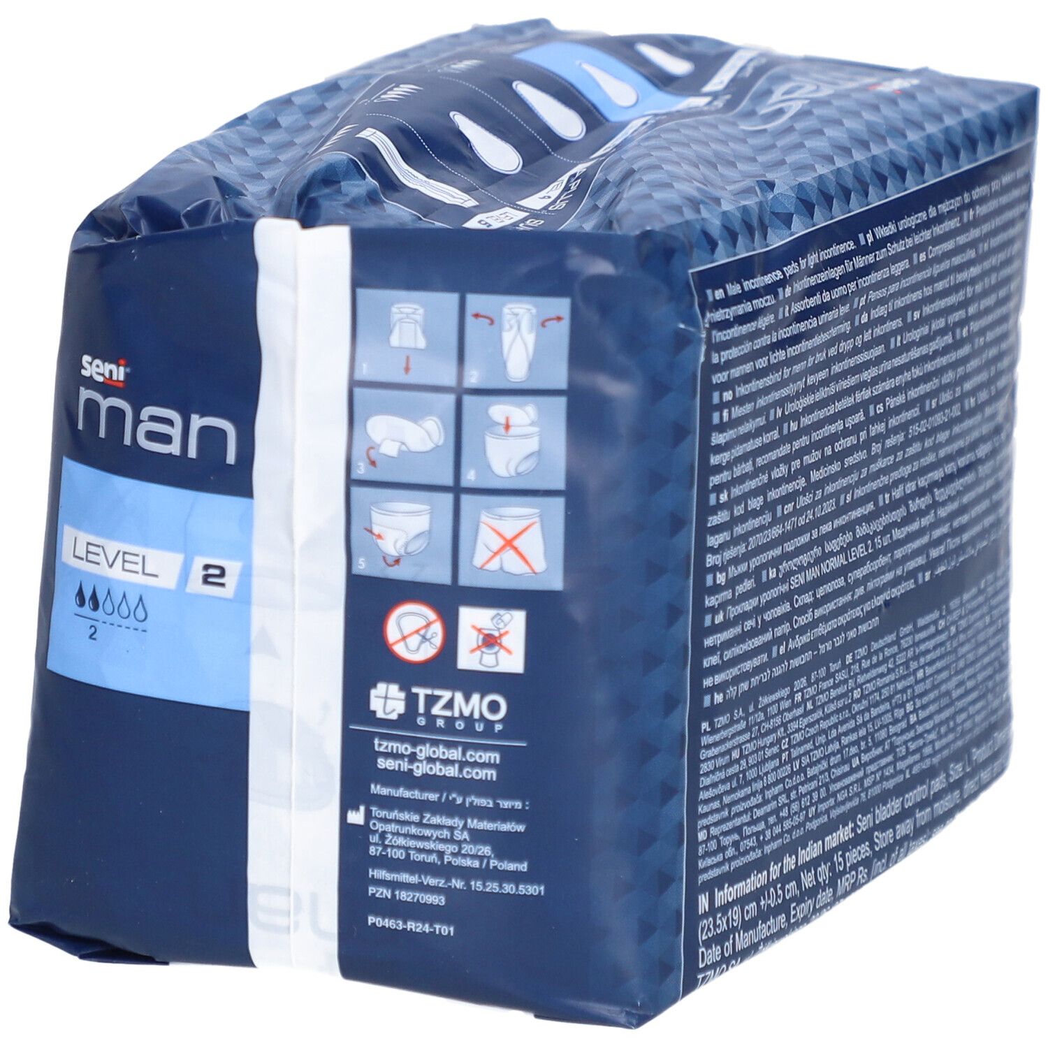 Rückseite der Seni Man Normal Level 2 Verpackung. Piktogramme und Produktinformationen.