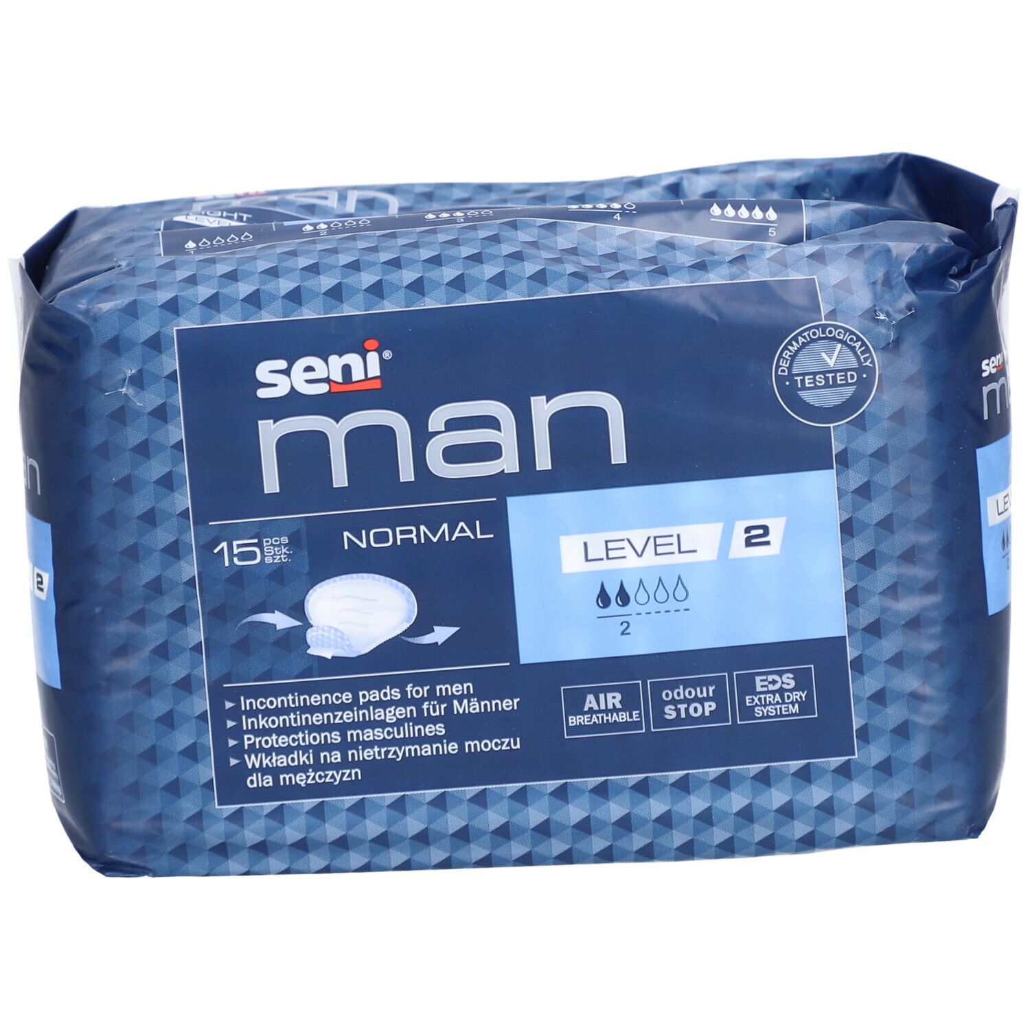 Verpackung Seni Man Normal Level 2. Blaue Verpackung mit Produktinformationen und Logo.