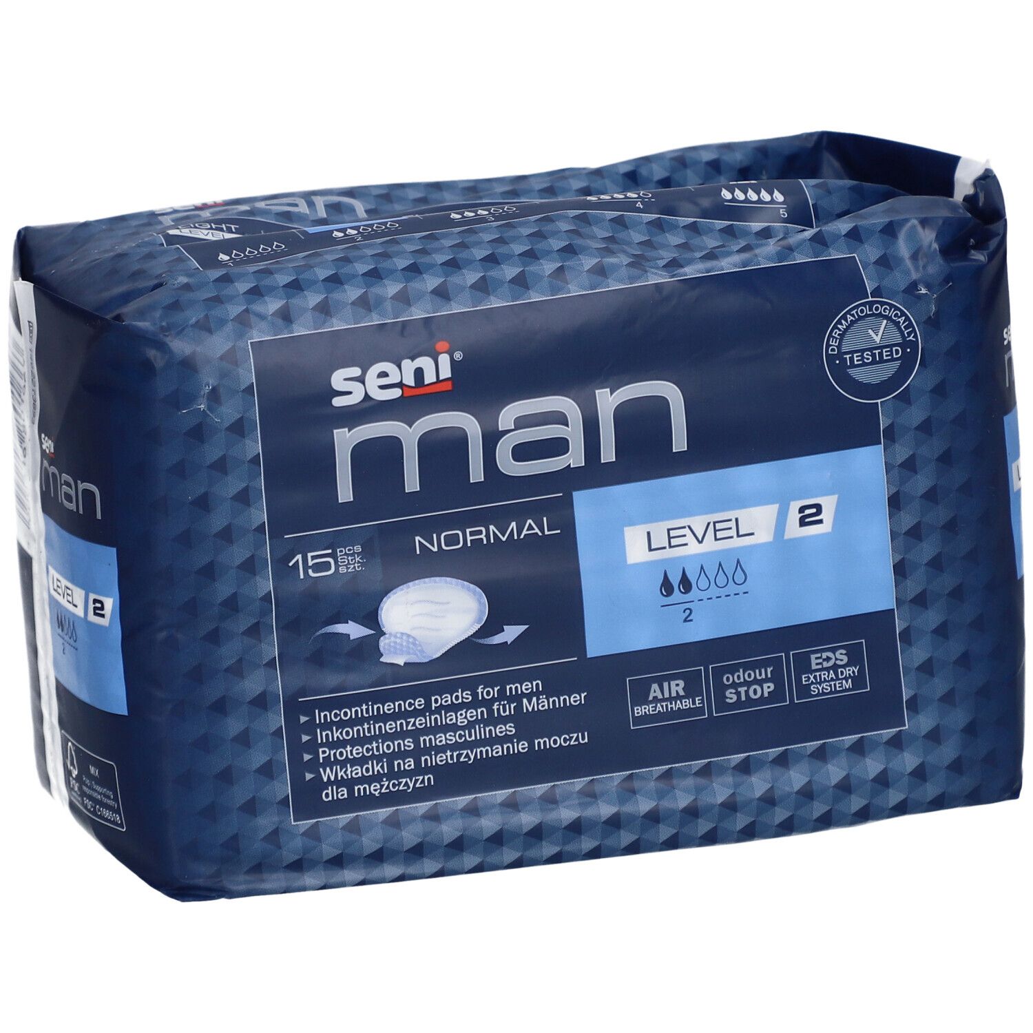 Verpackung Seni Man Normal Level 2. Blaue Verpackung mit Produktinformationen und Logo.