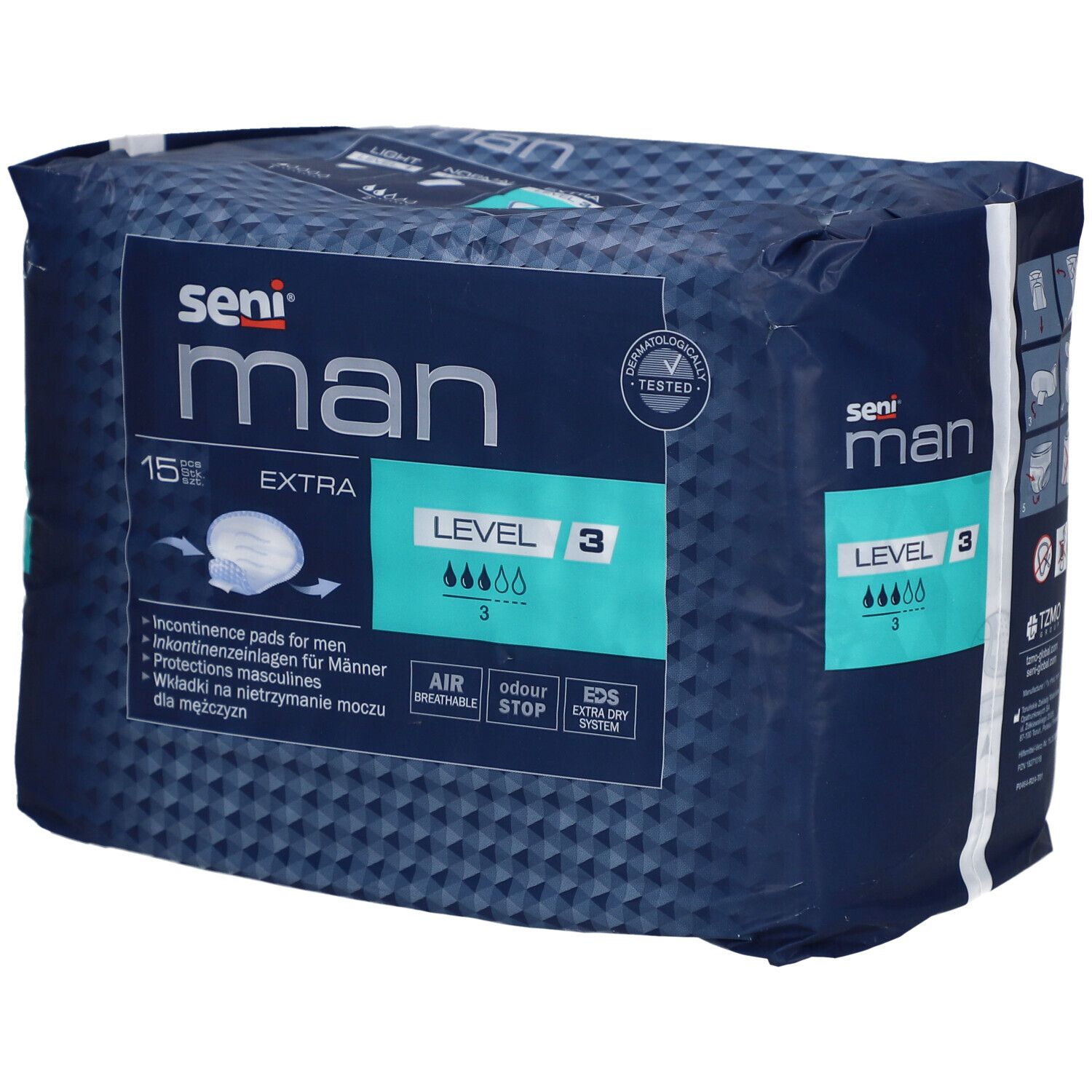 Verpackung Seni Man Extra Level 3. Blaue Verpackung mit Produktinformationen und Logo.