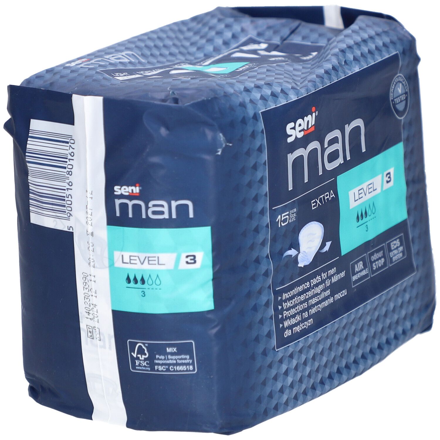 Seni Man Extra Level 3 Verpackung. Blaue Verpackung mit Produktlogo und Informationen.