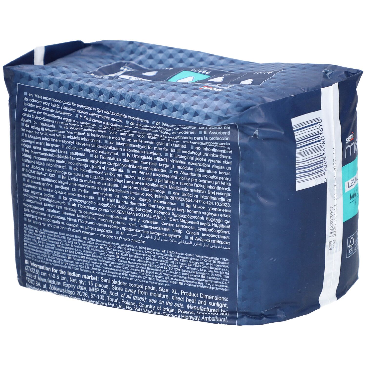 Rückseite der Seni Man Extra Level 3 Verpackung. Text in mehreren Sprachen.