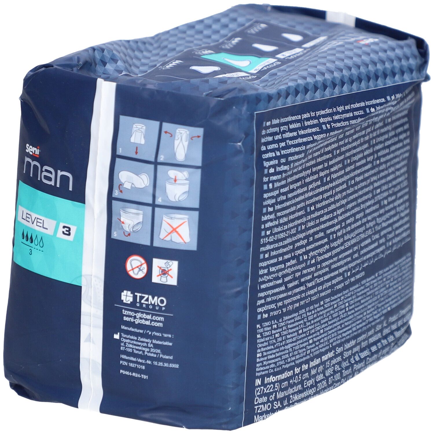 Seite der Seni Man Extra Level 3 Verpackung. Produktinformationen und Piktogramme.