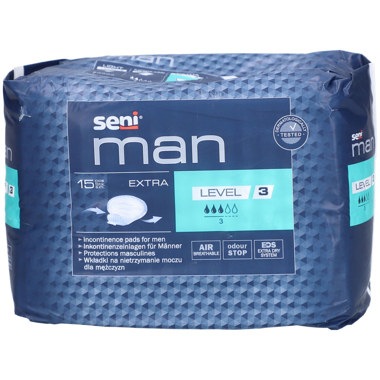 Seni Man Extra Level 3 Verpackung. Blaue Verpackung mit Produktlogo und Informationen.