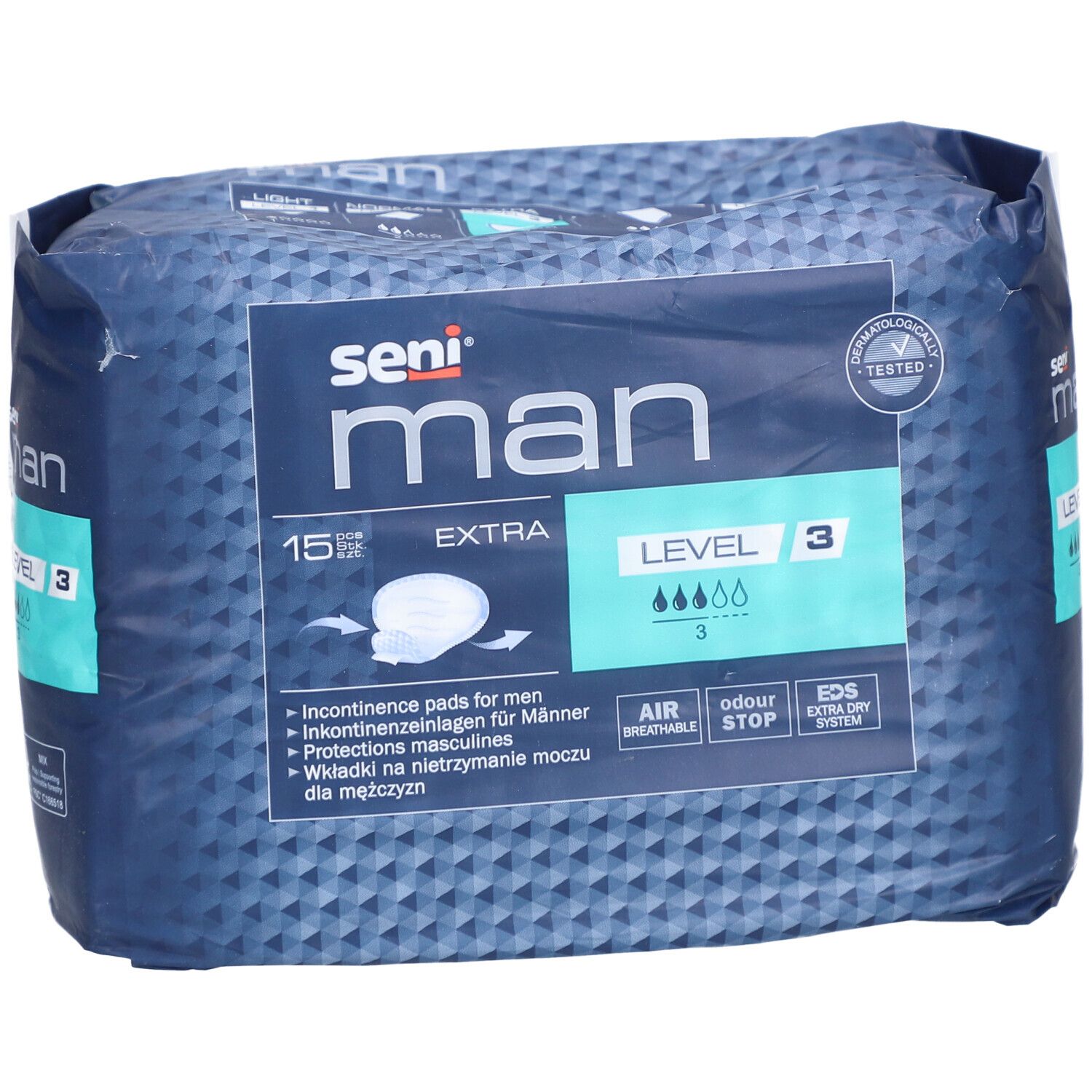 Seni Man Extra Level 3 Verpackung. Blaue Verpackung mit Produktlogo und Informationen.