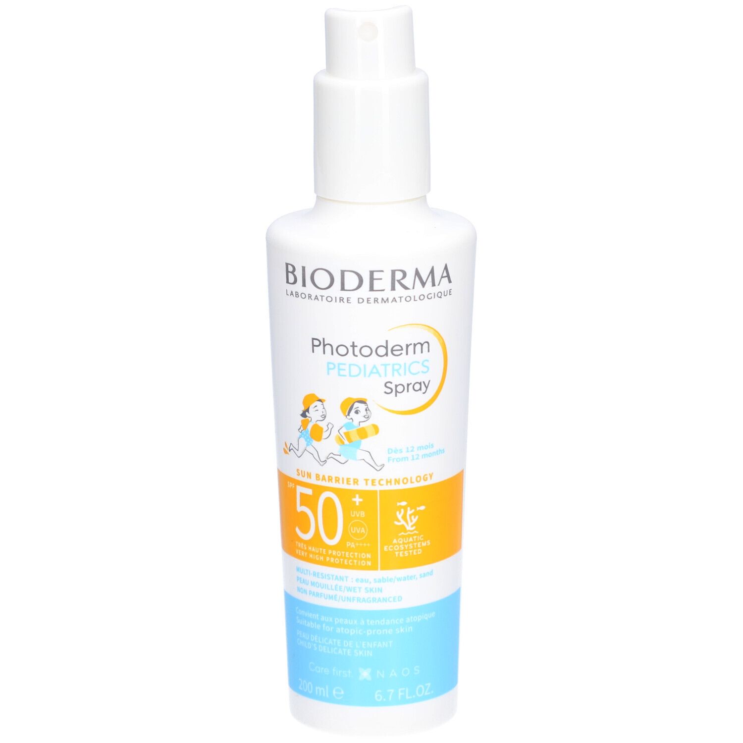 BIODERMA Photoderm PEDIATRICS Spray SPF50+. Flacon blanc avec vaporisateur. Impression jaune et bleu. Illustration enfant. SPF 50.