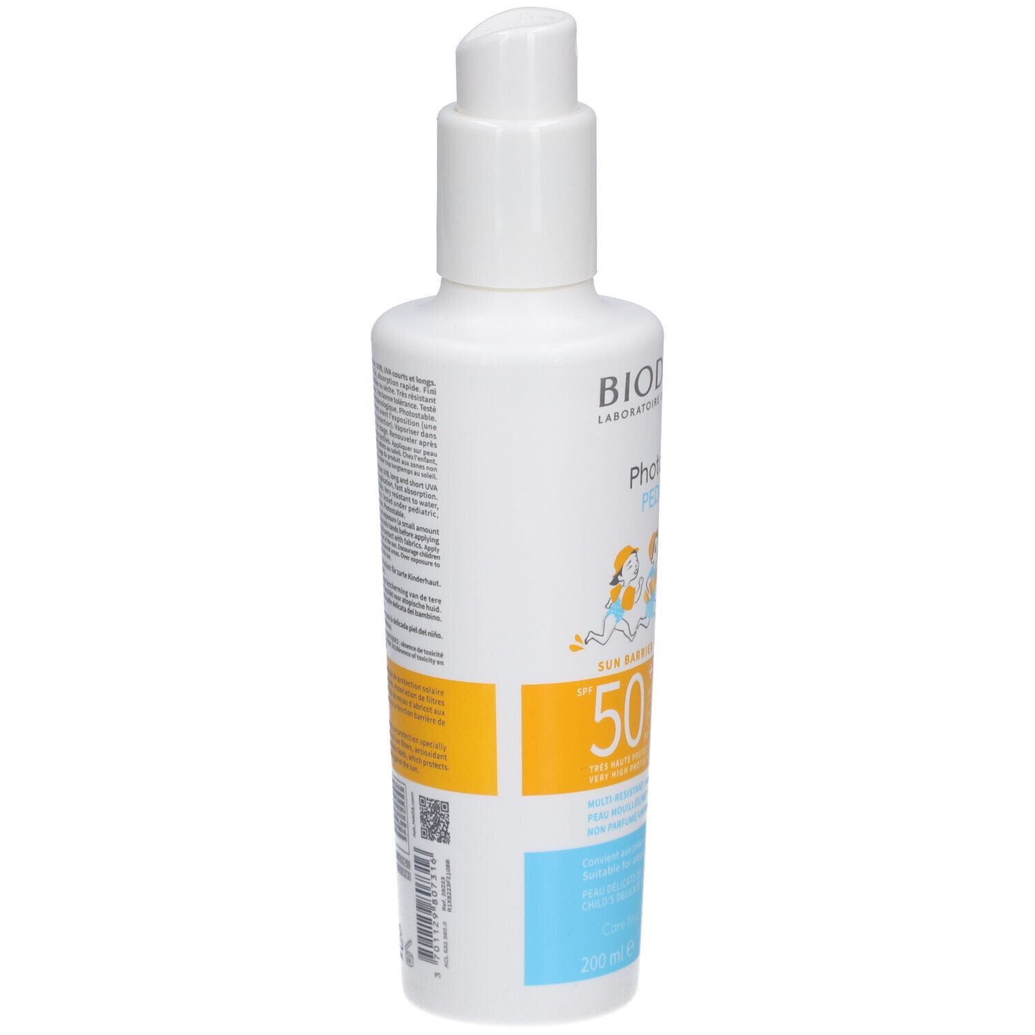 BIODERMA Photoderm PEDIATRICS Spray SPF50+. Flacon blanc. Impression jaune et bleu. Texte et code-barres. Vaporisateur.