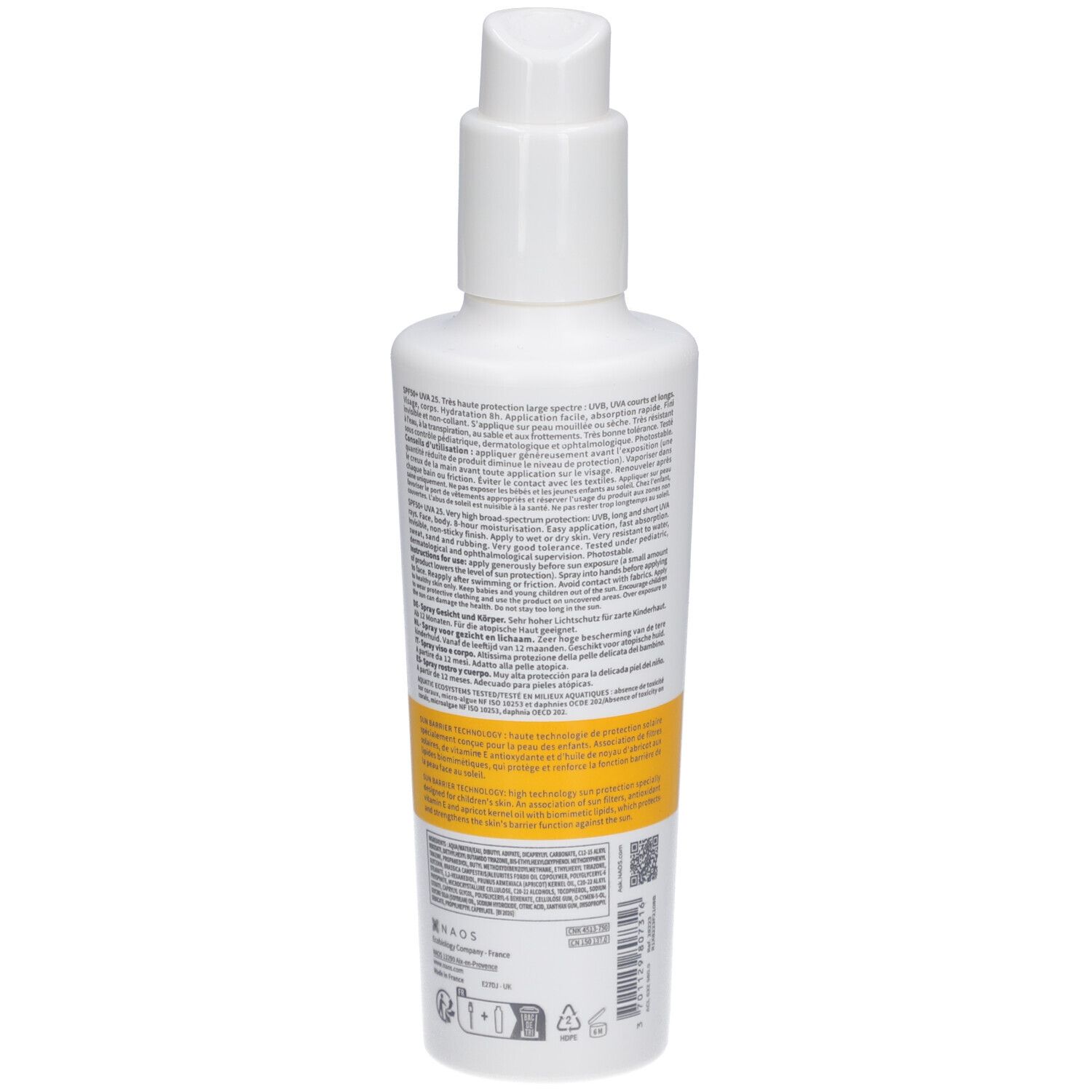 BIODERMA Photoderm PEDIATRICS Spray SPF50+. Flacon blanc. Impression jaune et bleu. Texte et code-barres. Vaporisateur.
