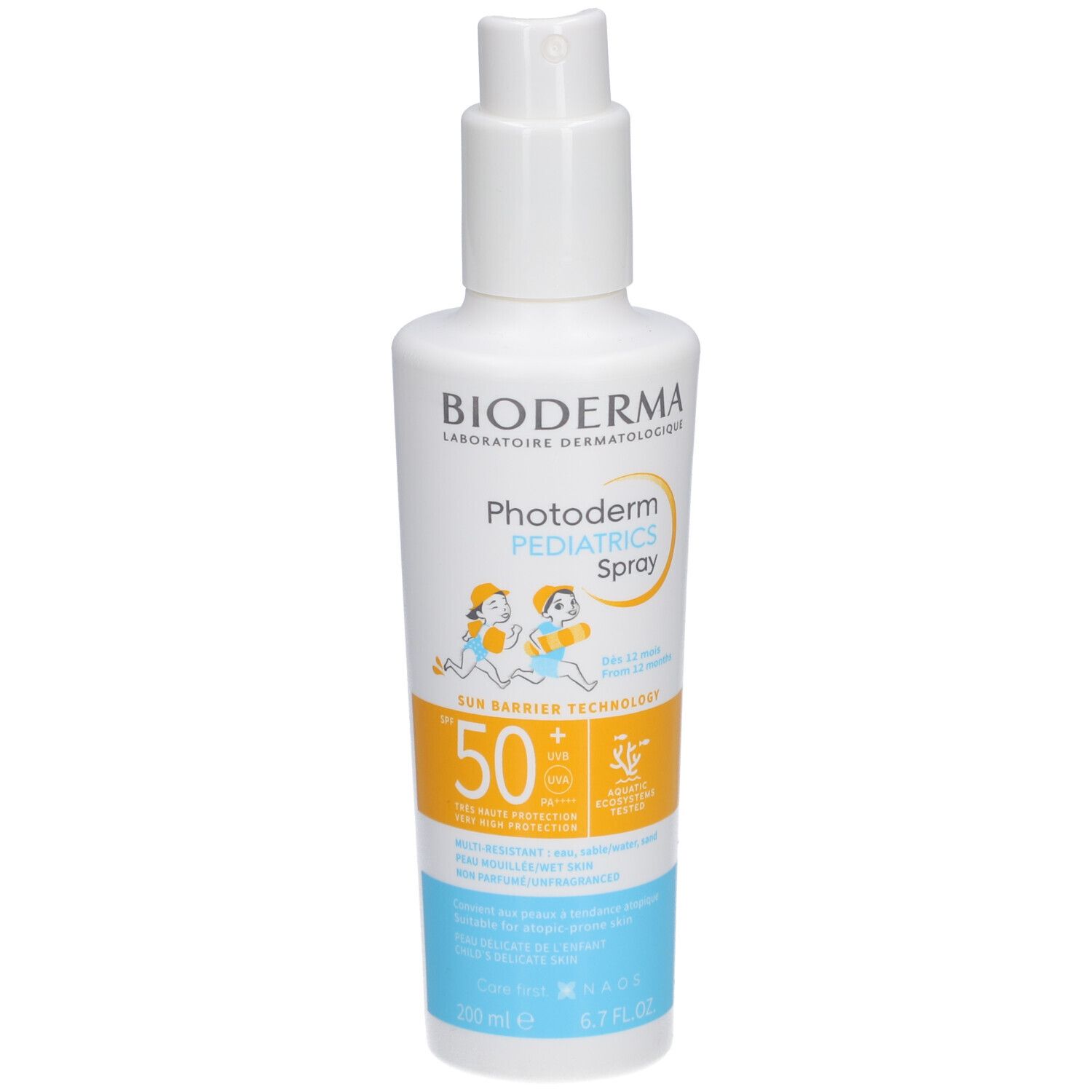 BIODERMA Photoderm PEDIATRICS Spray SPF50+. Flacon blanc avec vaporisateur. Impression jaune et bleu. Illustration enfant. SPF 50.