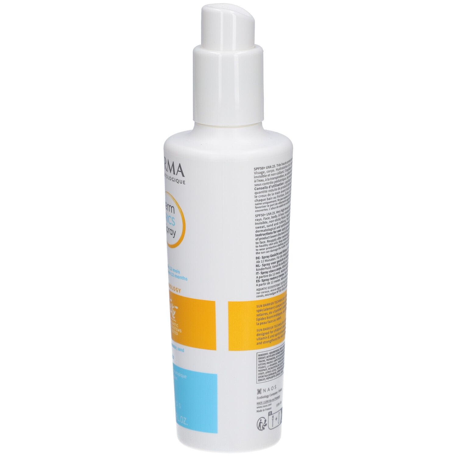 BIODERMA Photoderm PEDIATRICS Spray SPF50+. Flacon blanc. Impression jaune et bleu. Texte et code-barres. Vaporisateur.