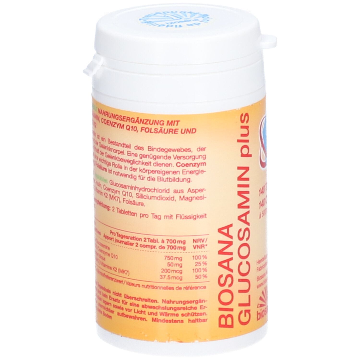 Étiquette jaune sur flacon de comprimés. BIOSANA Glucosamin plus. Informations nutritionnelles et ingrédients. Texte.