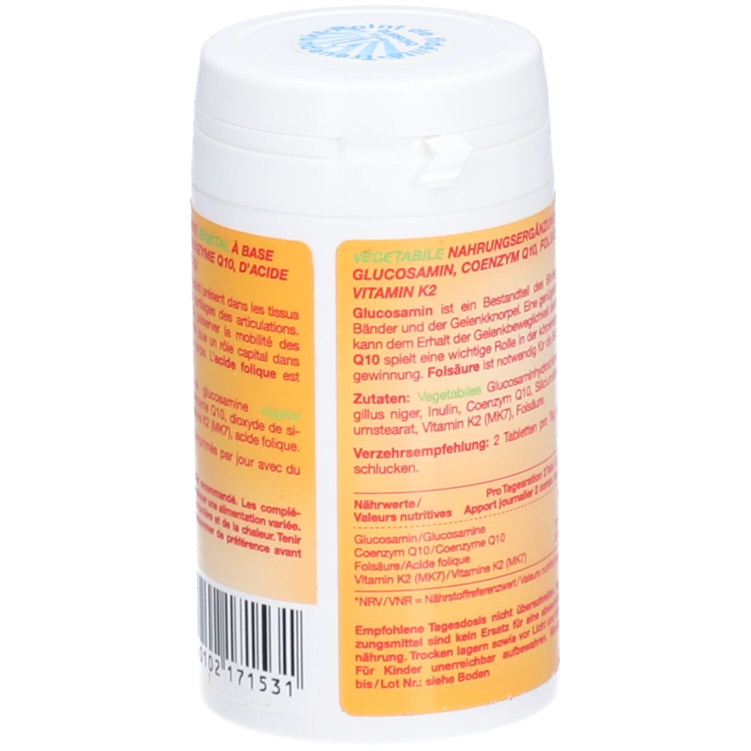 Dos du flacon de comprimés. BIOSANA Glucosamine, Coenzyme Q10, Vitamine K2. Ingrédients et valeurs nutritionnelles.