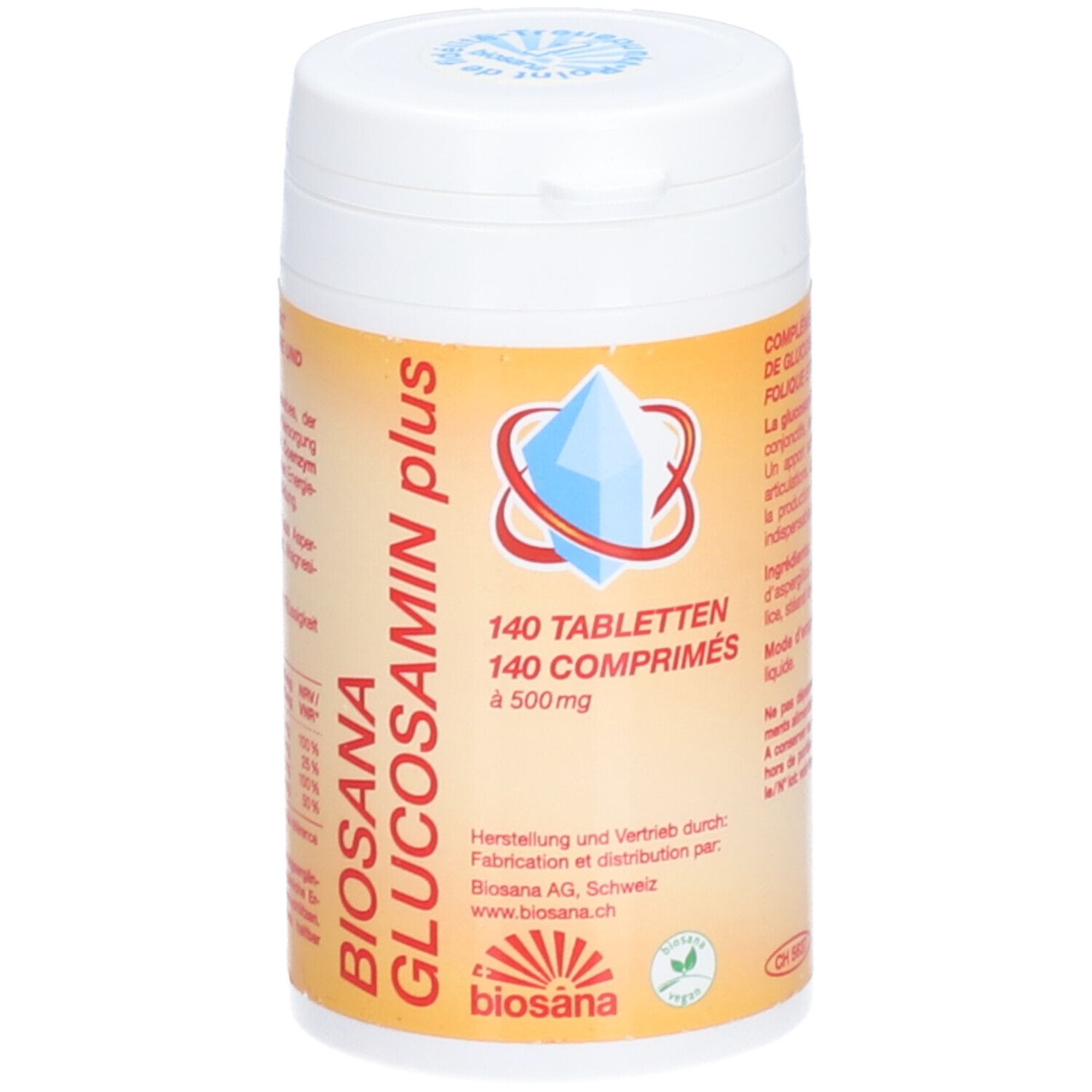 Flacon blanc avec étiquette jaune. BIOSANA Glucosamin plus, 140 comprimés, 500mg. Logo et texte.