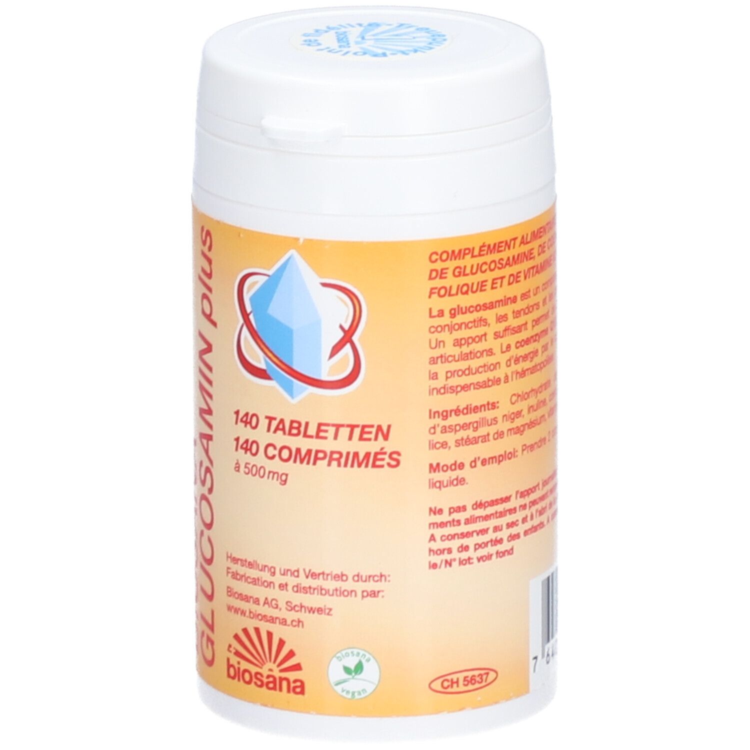 Flacon blanc avec étiquette jaune. BIOSANA Glucosamin plus, 140 comprimés, 500mg. Logo et texte.