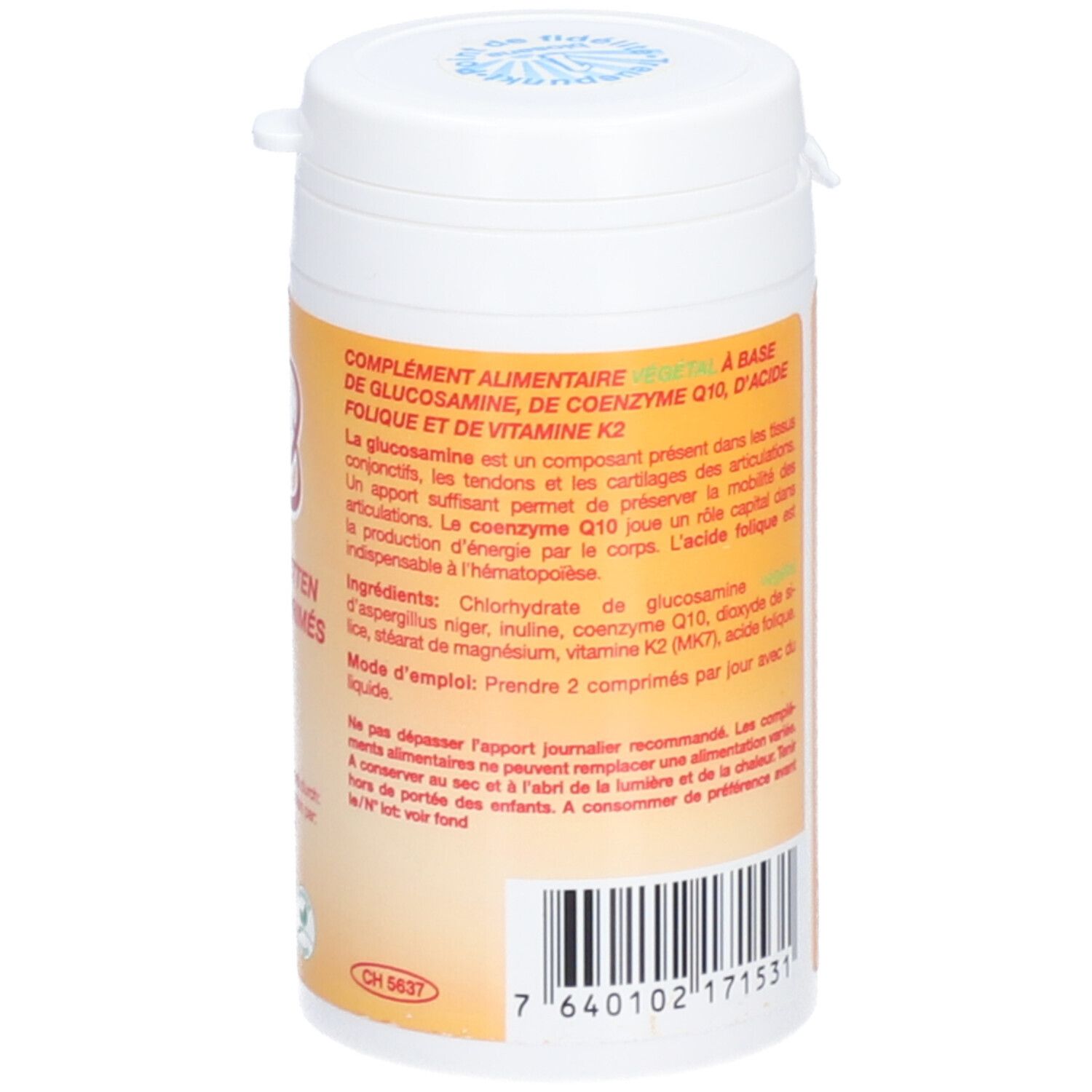 Dos du flacon de comprimés. BIOSANA Glucosamine, Coenzyme Q10, Vitamine K2. Ingrédients et valeurs nutritionnelles.